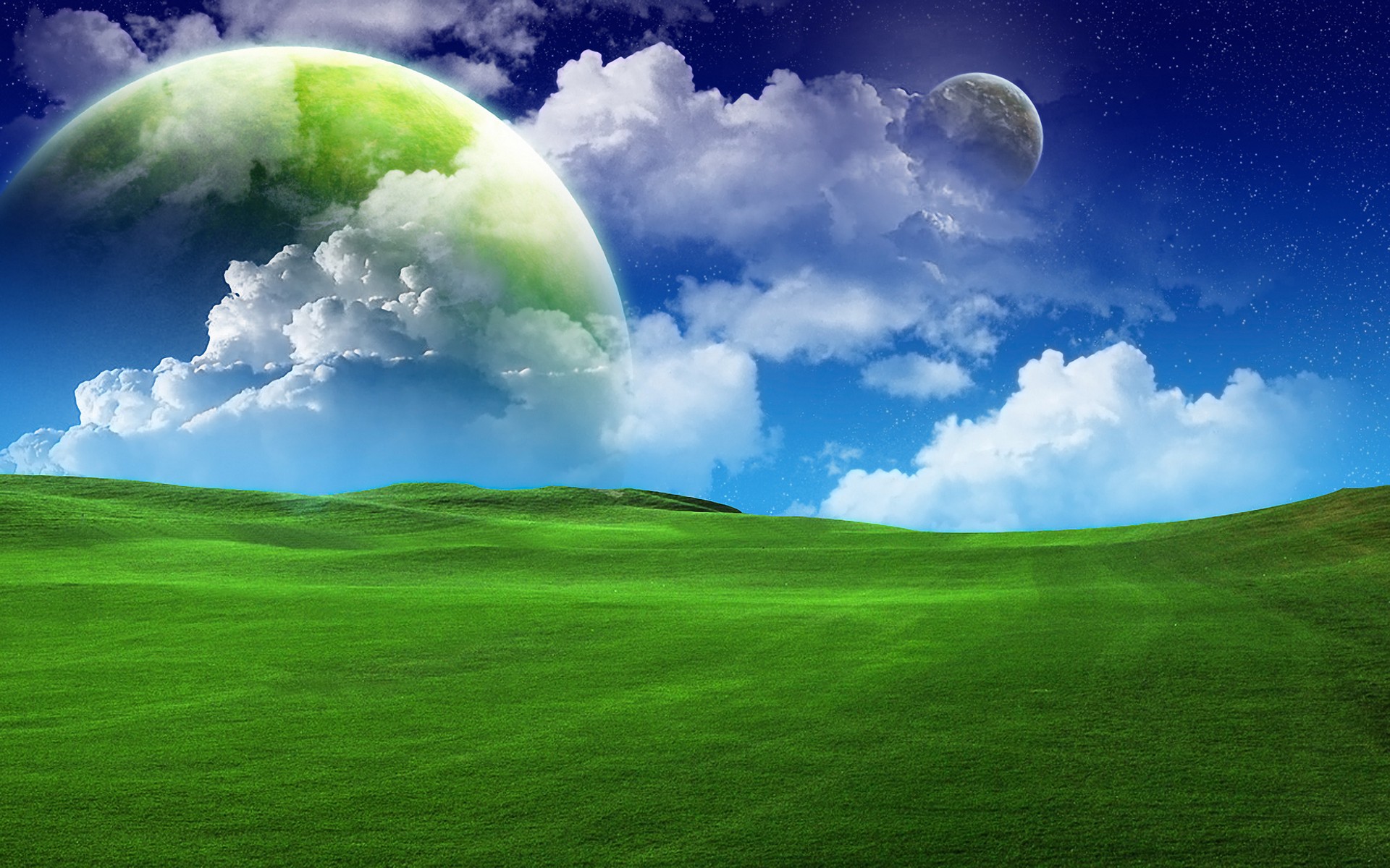 161124 Hintergrundbild herunterladen grün, landschaft, science fiction, wolke, feld, planet, himmel, weltraum, sterne - Bildschirmschoner und Bilder kostenlos