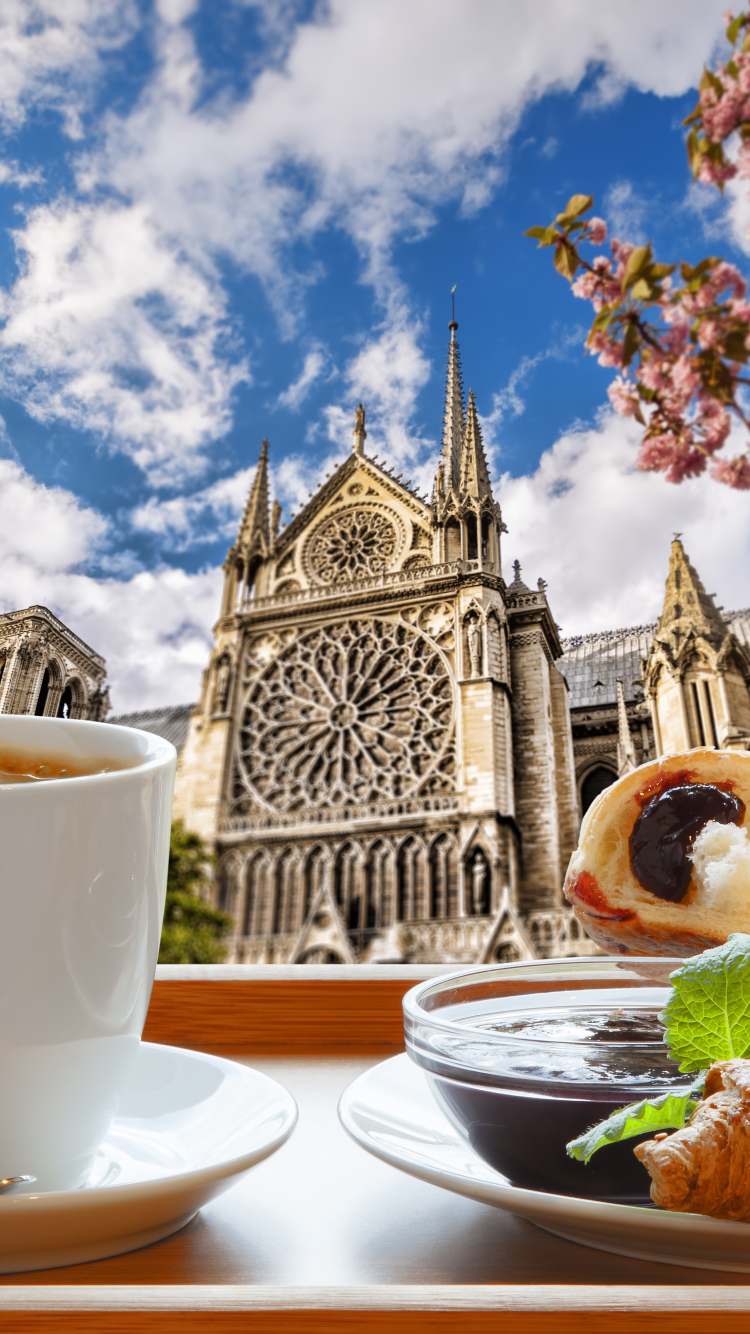 Download mobile wallpaper Food, Paris, Coffee, Cup, France, Spring, Cathedral, Breakfast, Croissant, Notre Dame De Paris for free.