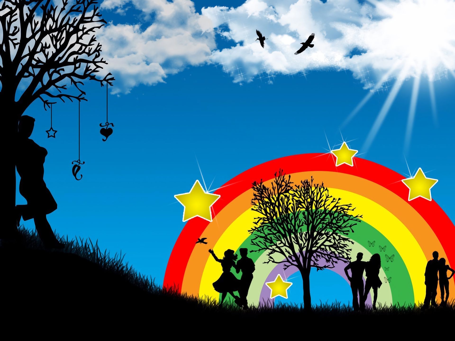 Download mobile wallpaper Abstract, Rainbow, Vector, Silhouette, Couple, Tree for free.
