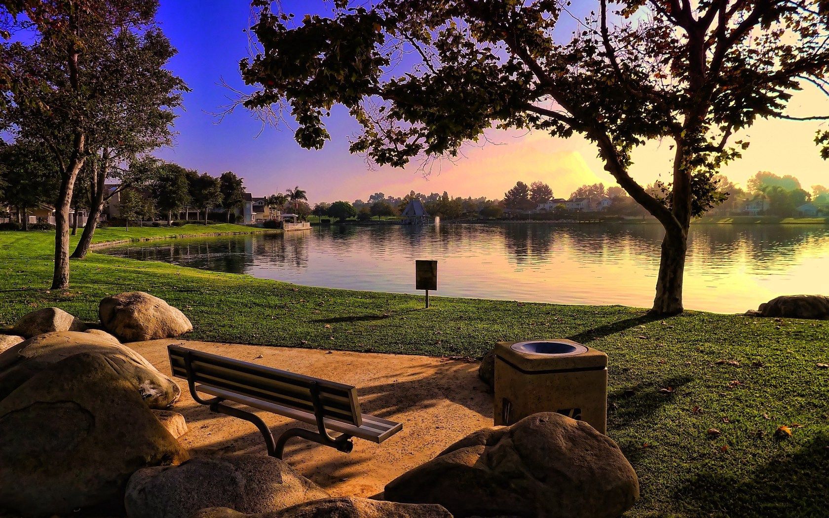 park, nature, stones, lake, shore, bank, evening, lawn, bench Full HD