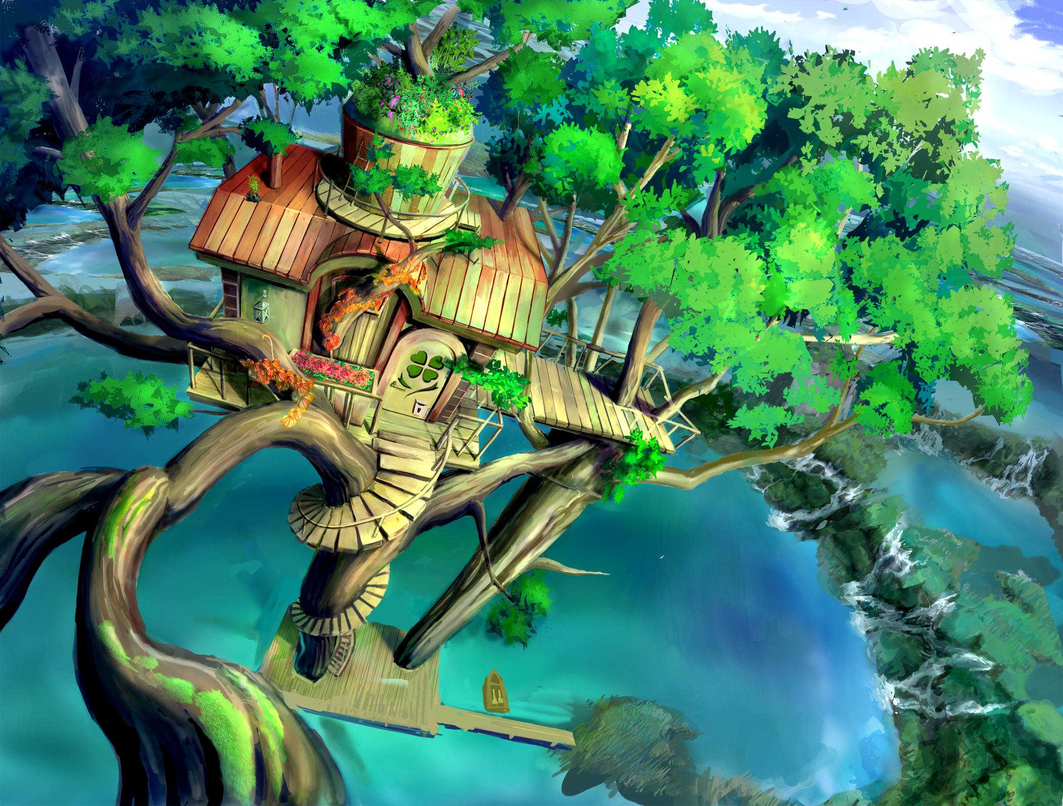 anime, original, lake, tree, treehouse