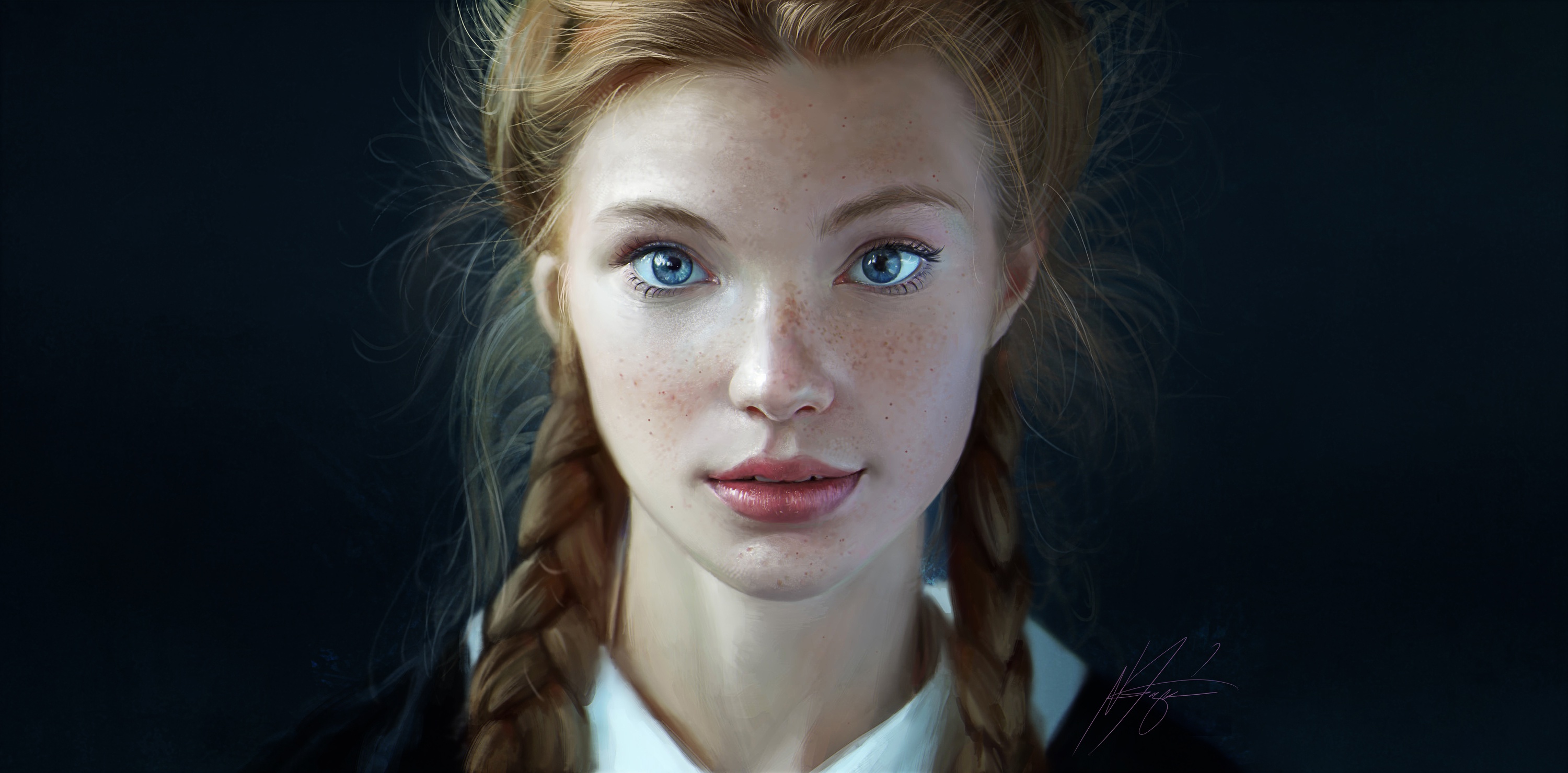 Download mobile wallpaper Painting, Artistic, Face, Schoolgirl, Braid for free.