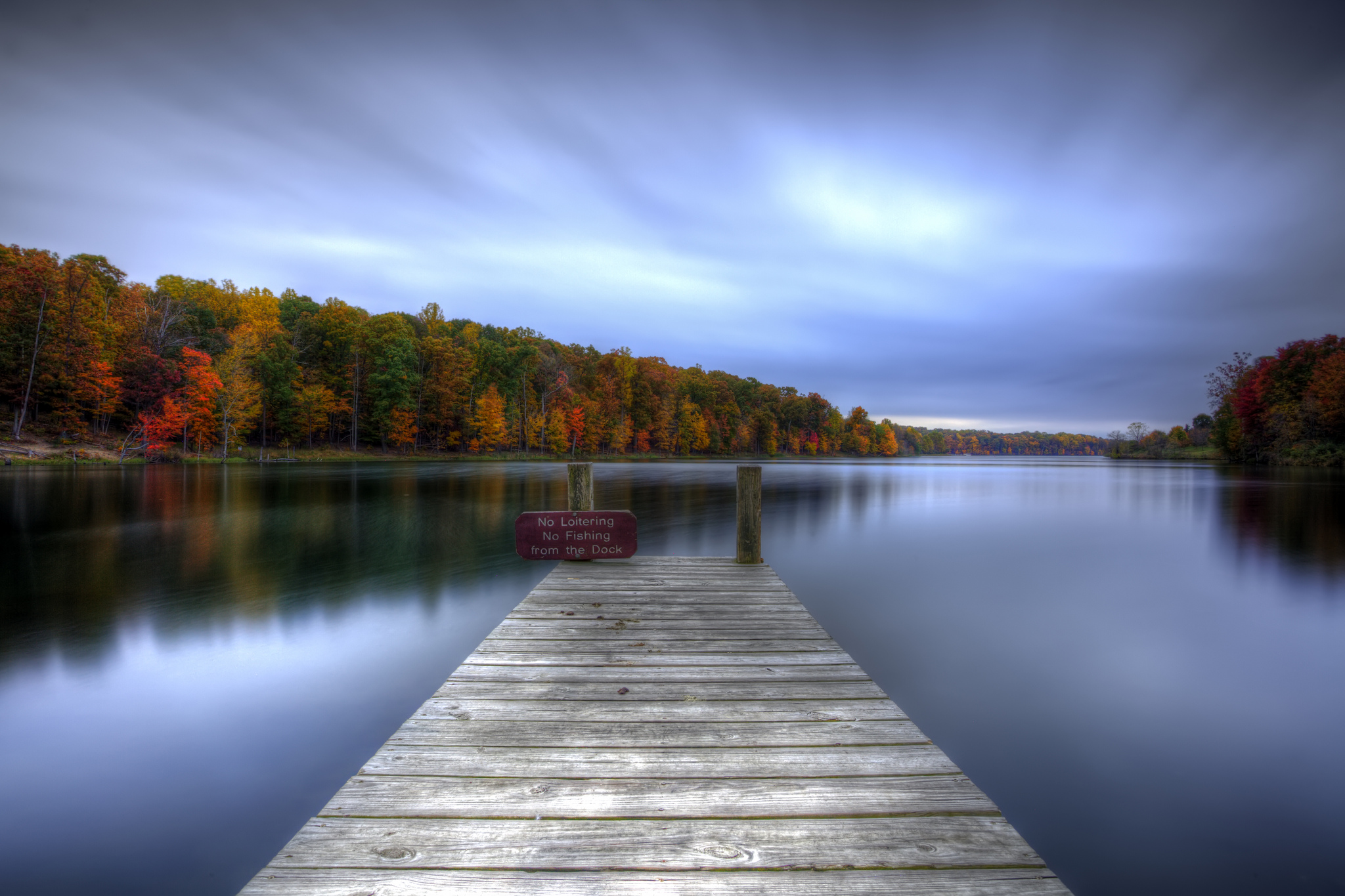 Download mobile wallpaper Lake, Reflection, Pier, Tree, Fall, Colorful, Dock, Man Made for free.