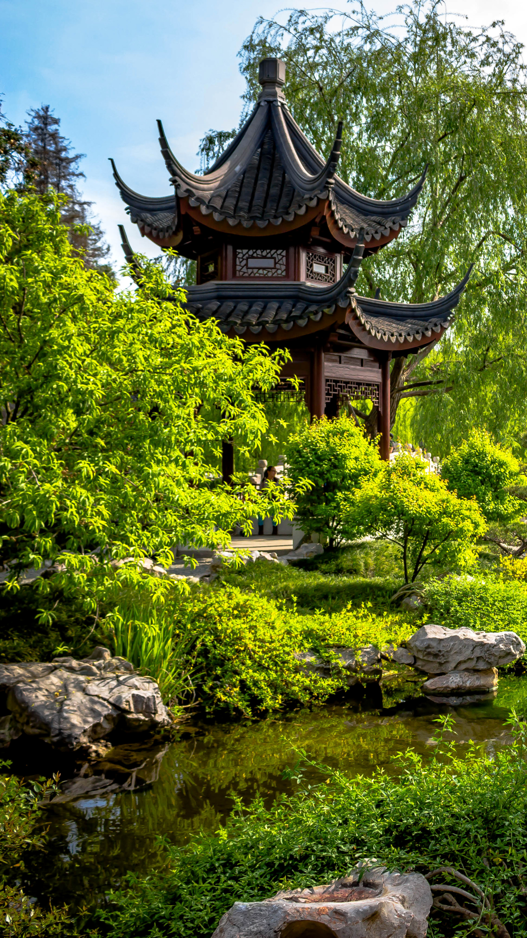 Download mobile wallpaper Bush, Tree, Pagoda, Pond, Man Made, Japanese Garden for free.