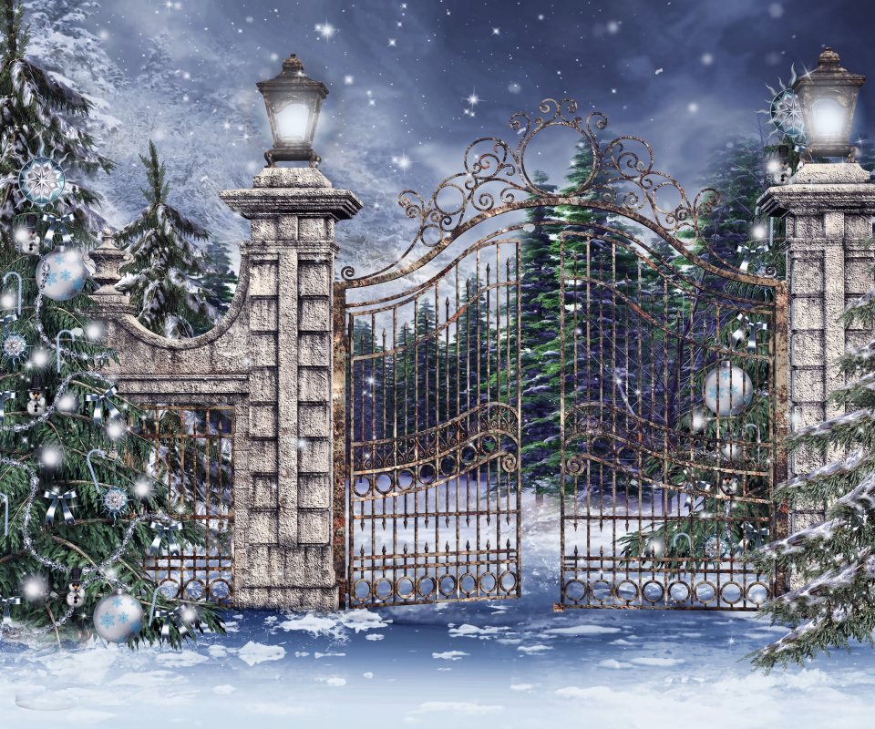 Скачать обои бесплатно Зима, Снег, Рождество, Рождественская Елка, Ворота, Художественные картинка на рабочий стол ПК