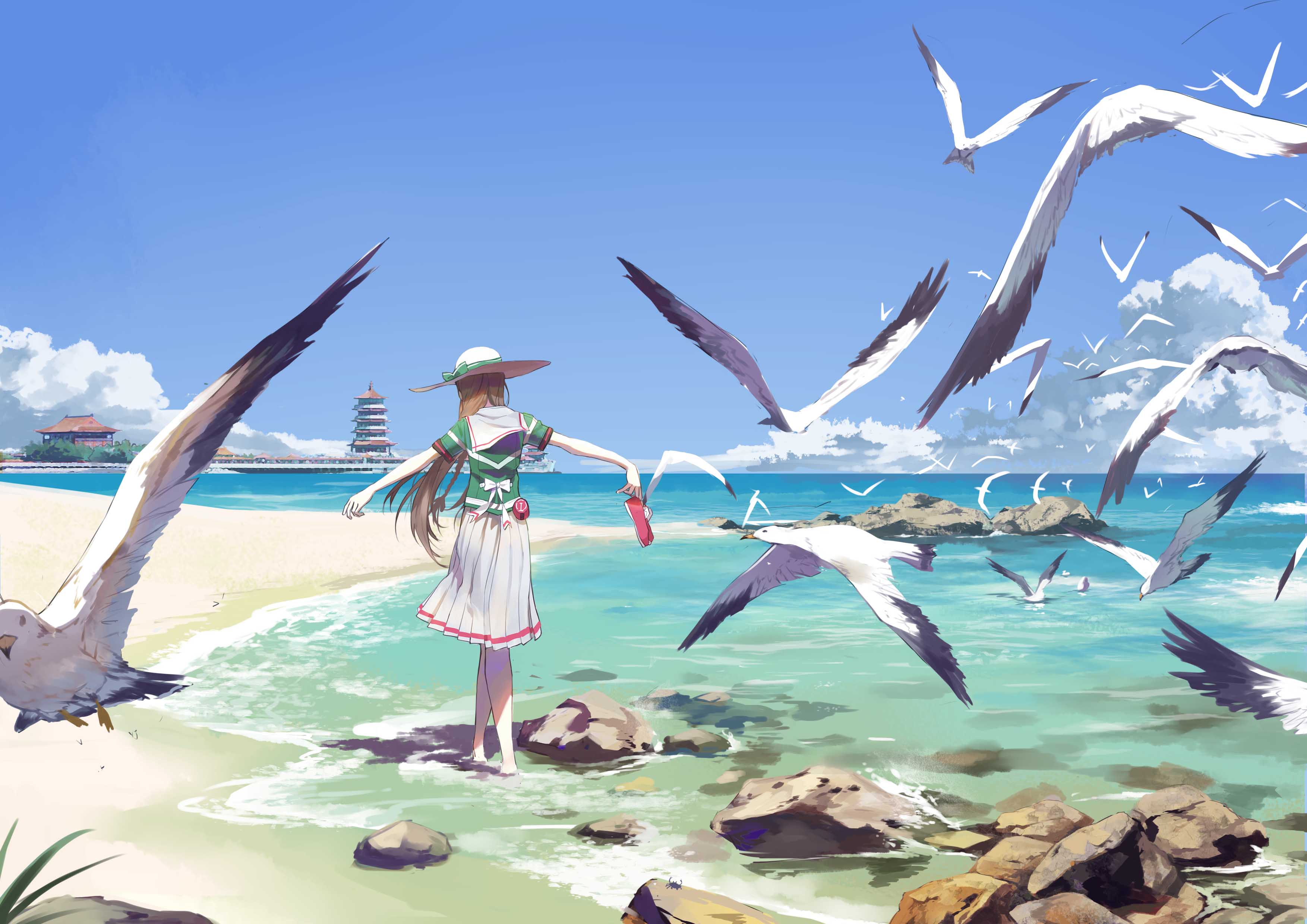 Free download wallpaper Anime, Sky, Beach, Bird, Cloud, Dress, Original on your PC desktop