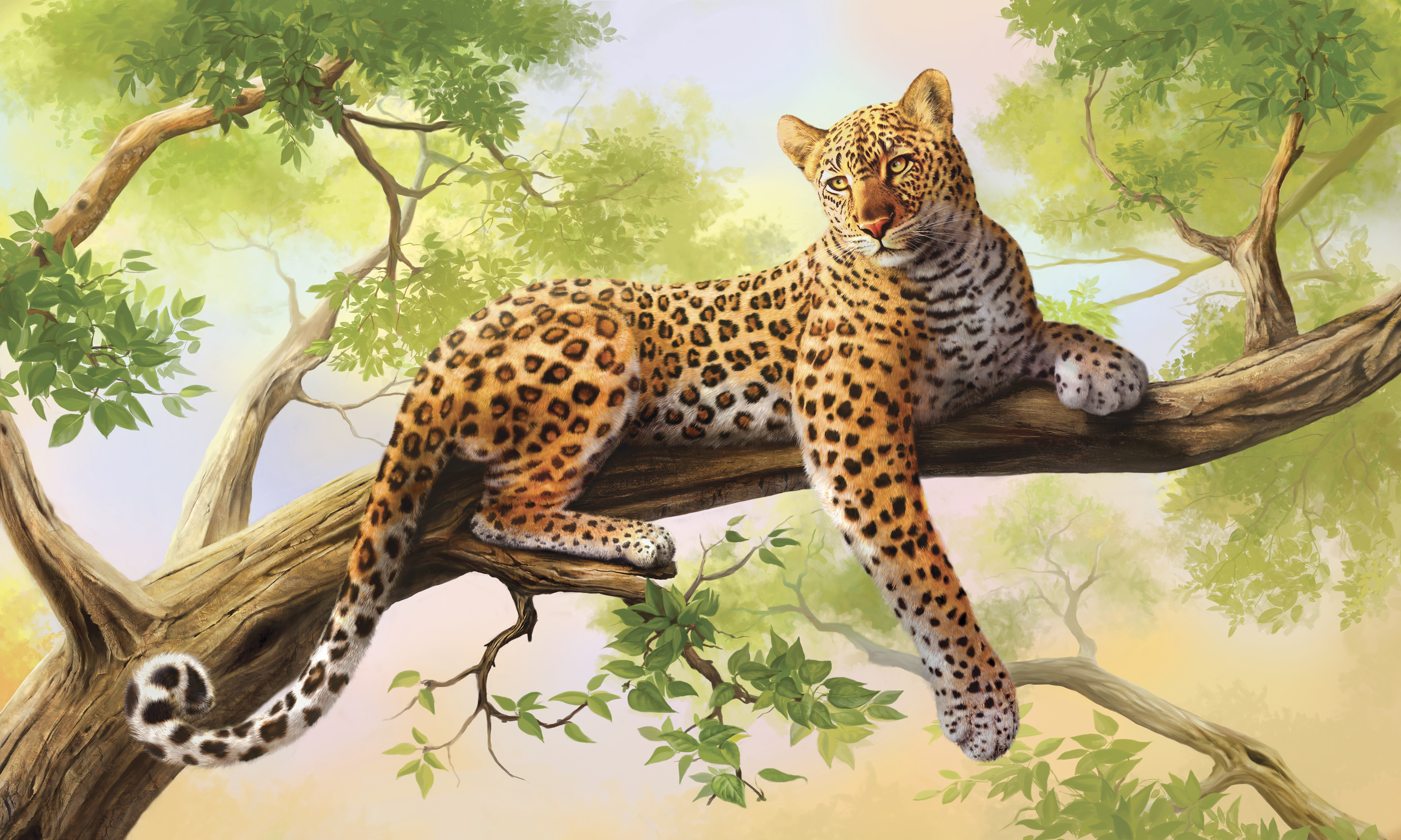 Free download wallpaper Cats, Leopard, Tree, Animal, Painting on your PC desktop