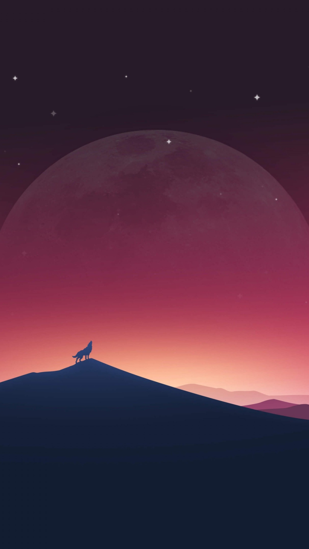 Download mobile wallpaper Landscape, Nature, Fantasy, Sky, Night, Moon, Silhouette, Wolf, Fantasy Animals for free.