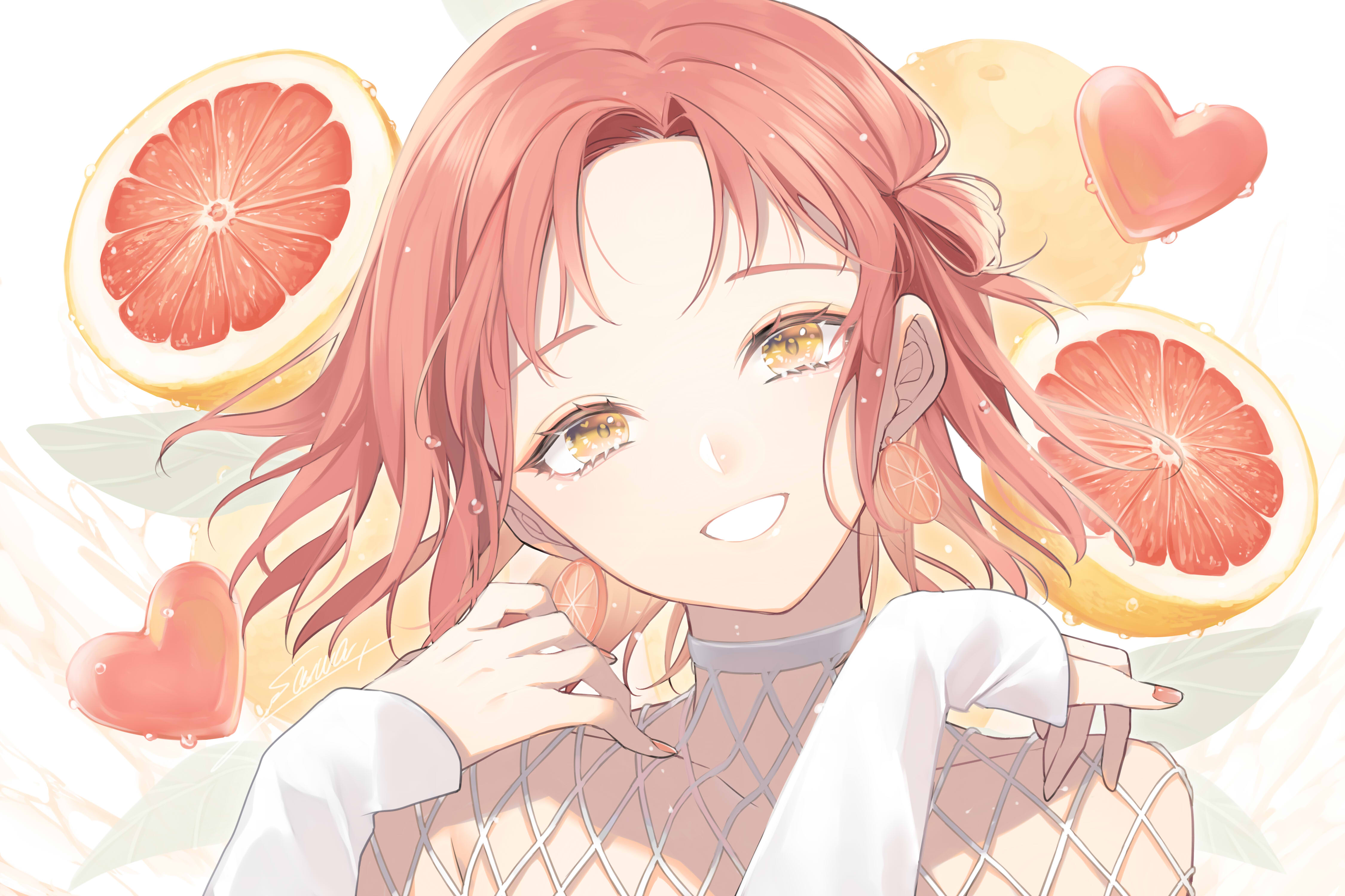 Download mobile wallpaper Anime, Girl, Yellow Eyes, Earrings, Short Hair, Red Hair, Orange (Fruit) for free.
