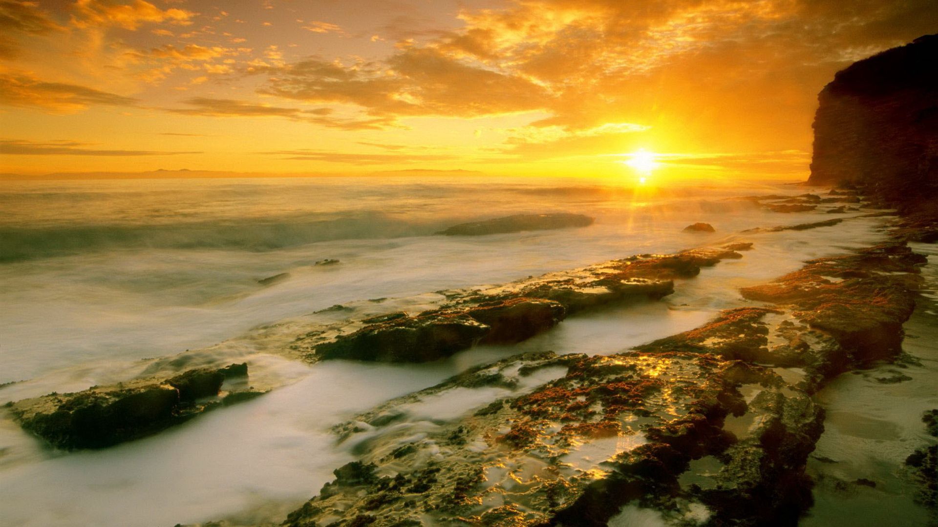 Free download wallpaper Stones, Morning, Nature, Sun, Fog, Sea, Dawn on your PC desktop
