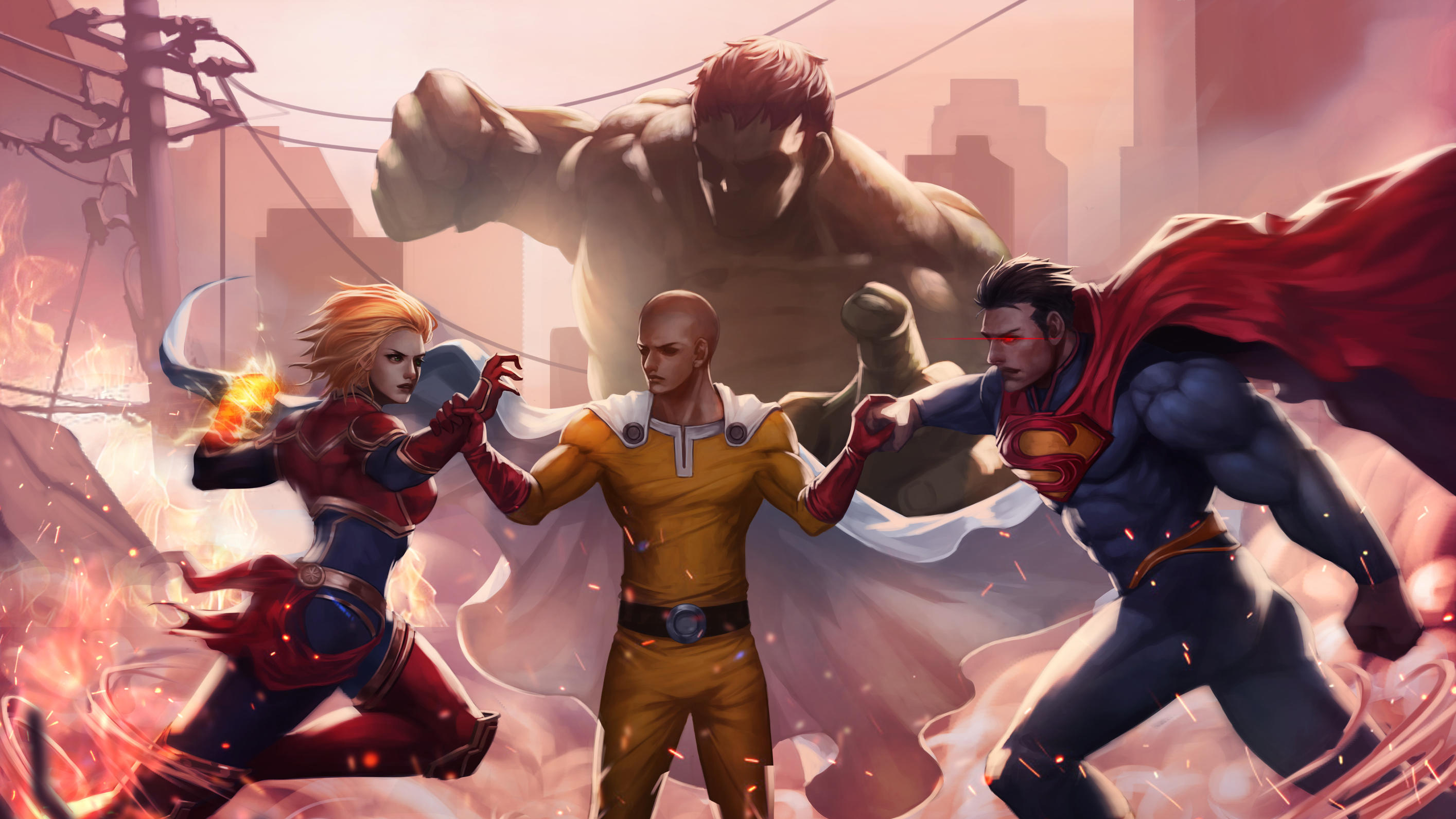 Download mobile wallpaper Anime, Hulk, Superman, Crossover, Captain Marvel, Saitama (One Punch Man), One Punch Man for free.