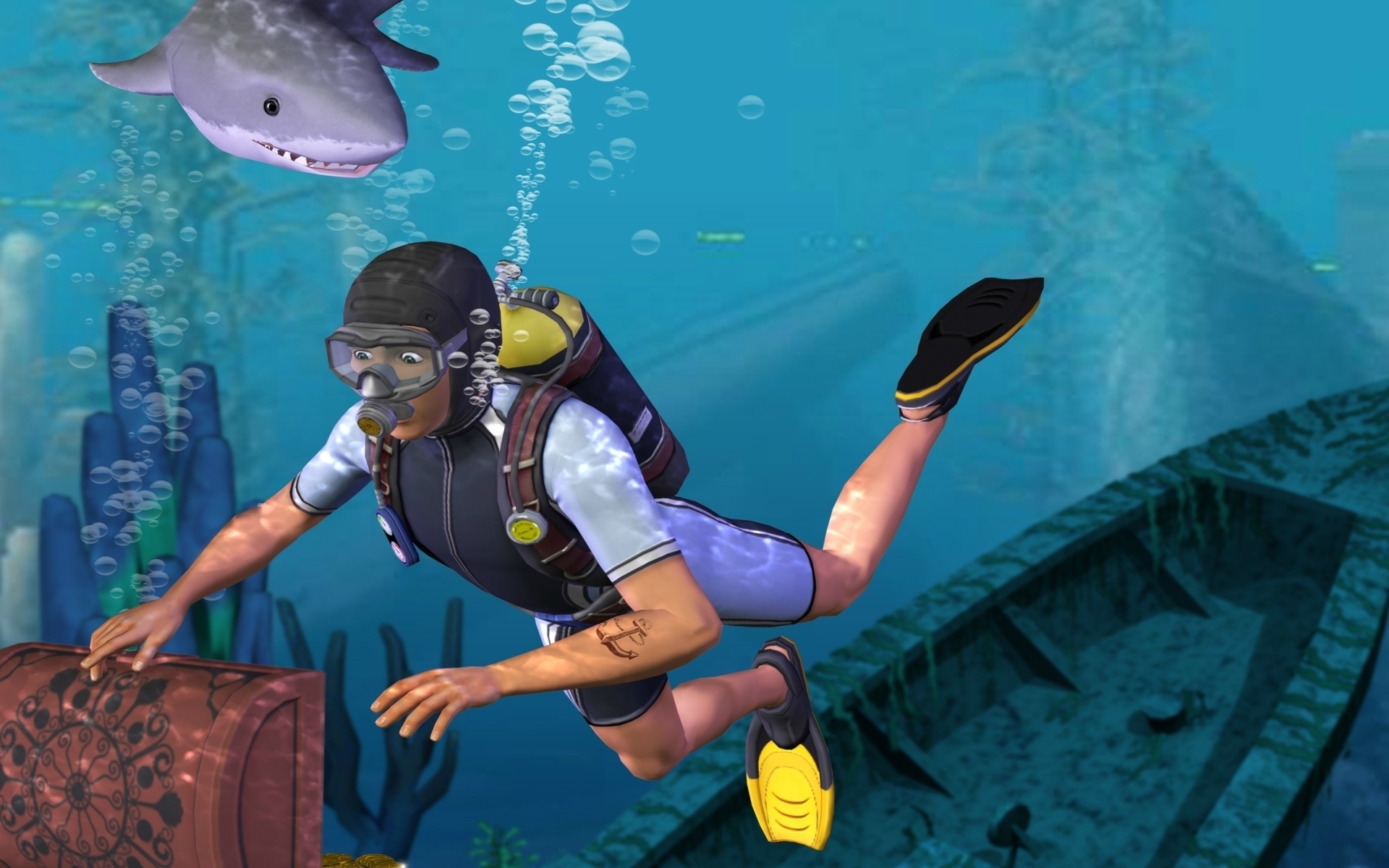 video game, the sims, blue, diver, ocean, shark, water