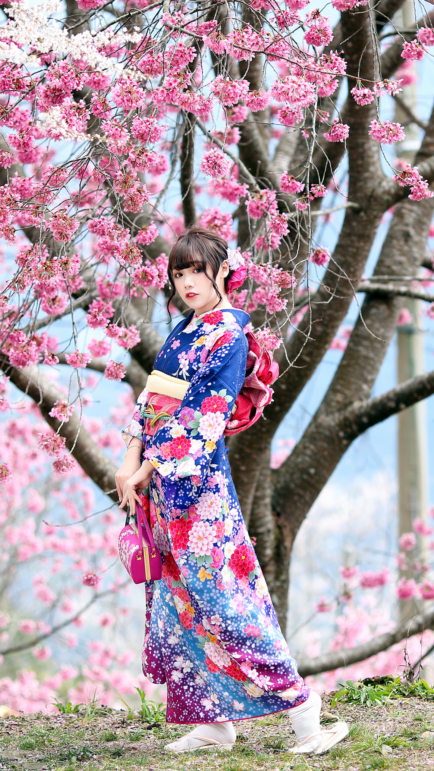 Download mobile wallpaper Kimono, Brunette, Model, Women, Blossom, Asian for free.