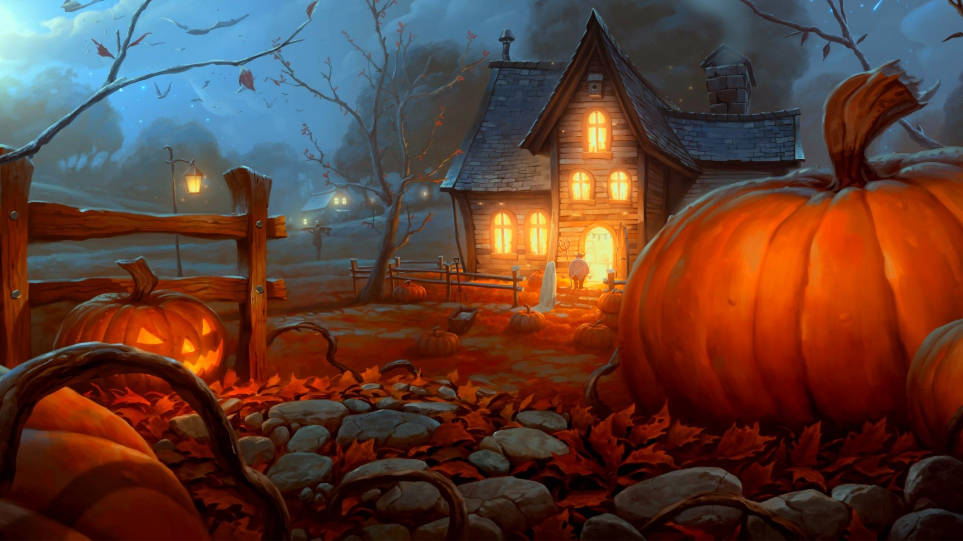 Free download wallpaper Halloween, Night, Pumpkin, Holiday, Fall, House, Jack O' Lantern on your PC desktop