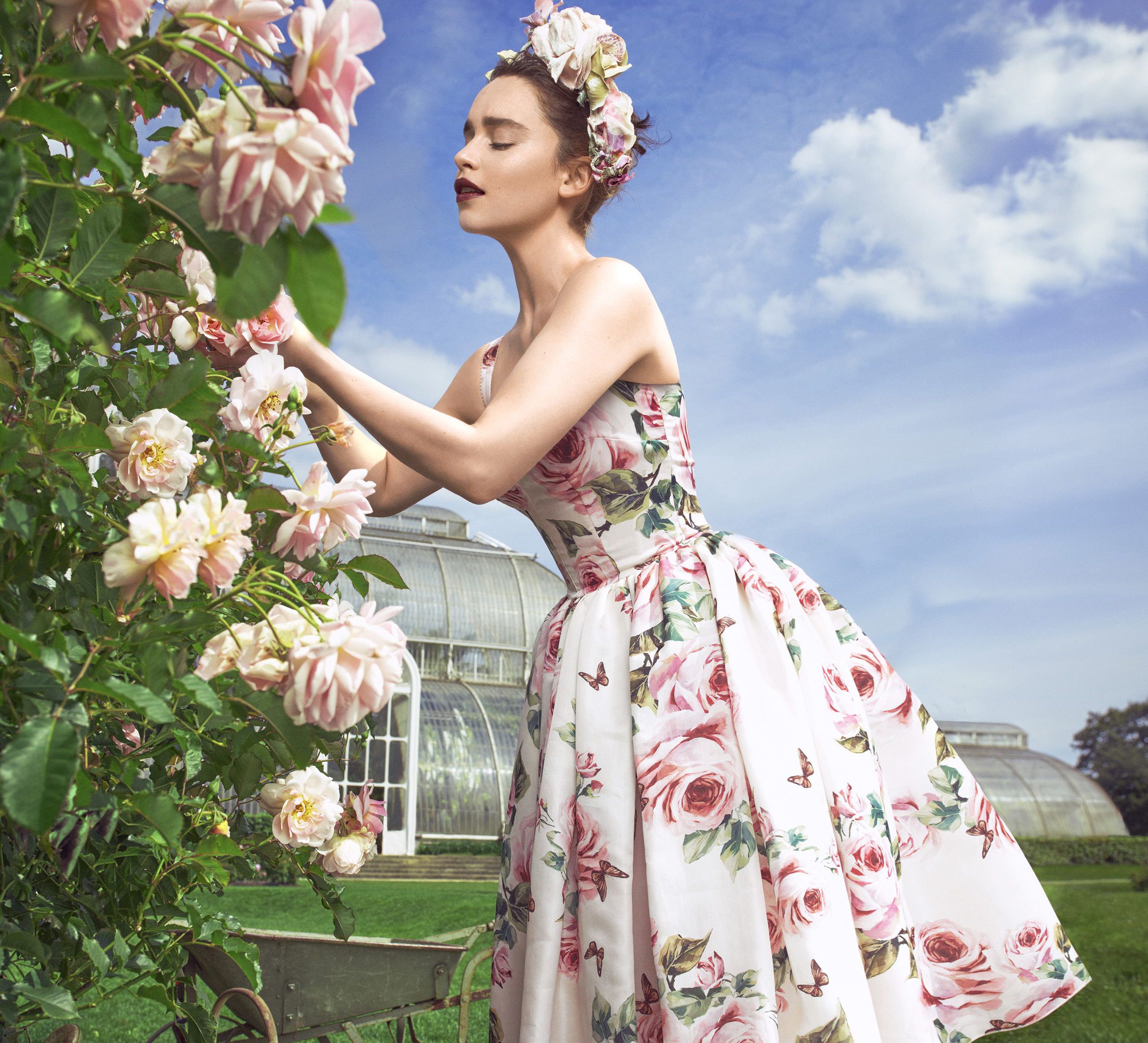 Download mobile wallpaper Flower, Rose, English, Wreath, Floral, Dress, Celebrity, Pink Flower, Actress, Lipstick, Emilia Clarke, Rose Bush for free.
