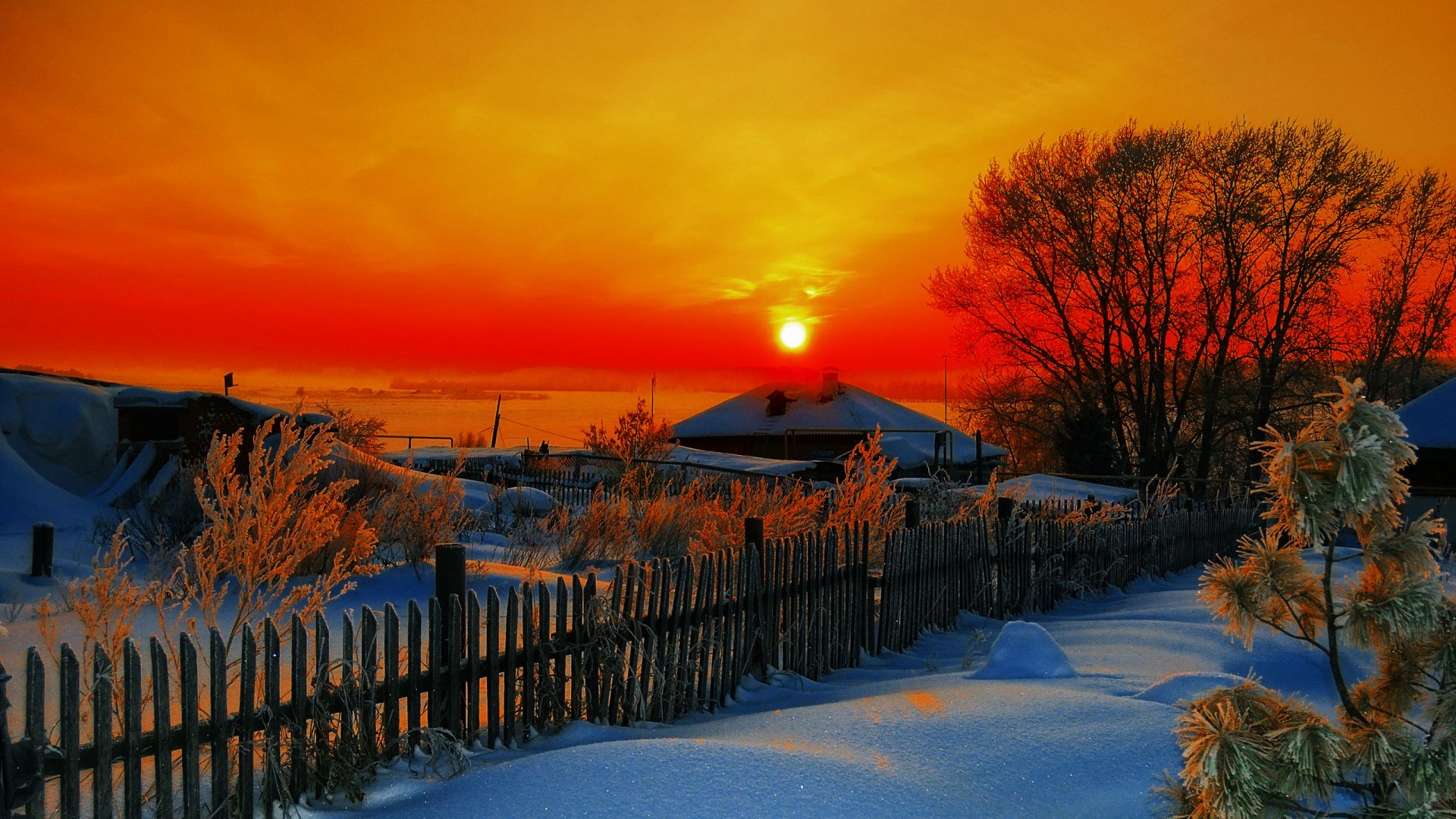 Free download wallpaper Winter, Sunset, Snow, House, Earth, Photography on your PC desktop