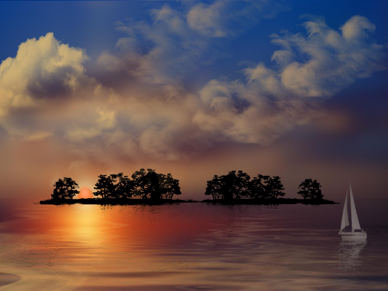 Laden Sie das Baum, Ozean, Insel, Segelboot, Wolke, Sonnenuntergang, Künstlerisch-Bild kostenlos auf Ihren PC-Desktop herunter