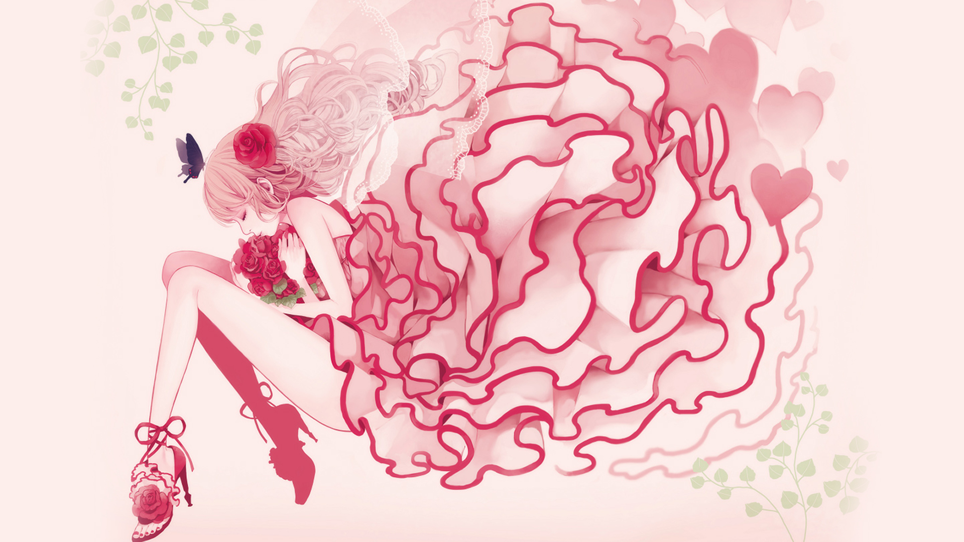 Free download wallpaper Anime, Flower, Rose, Butterfly, Original, Pink Hair, Long Hair, Pink Dress on your PC desktop