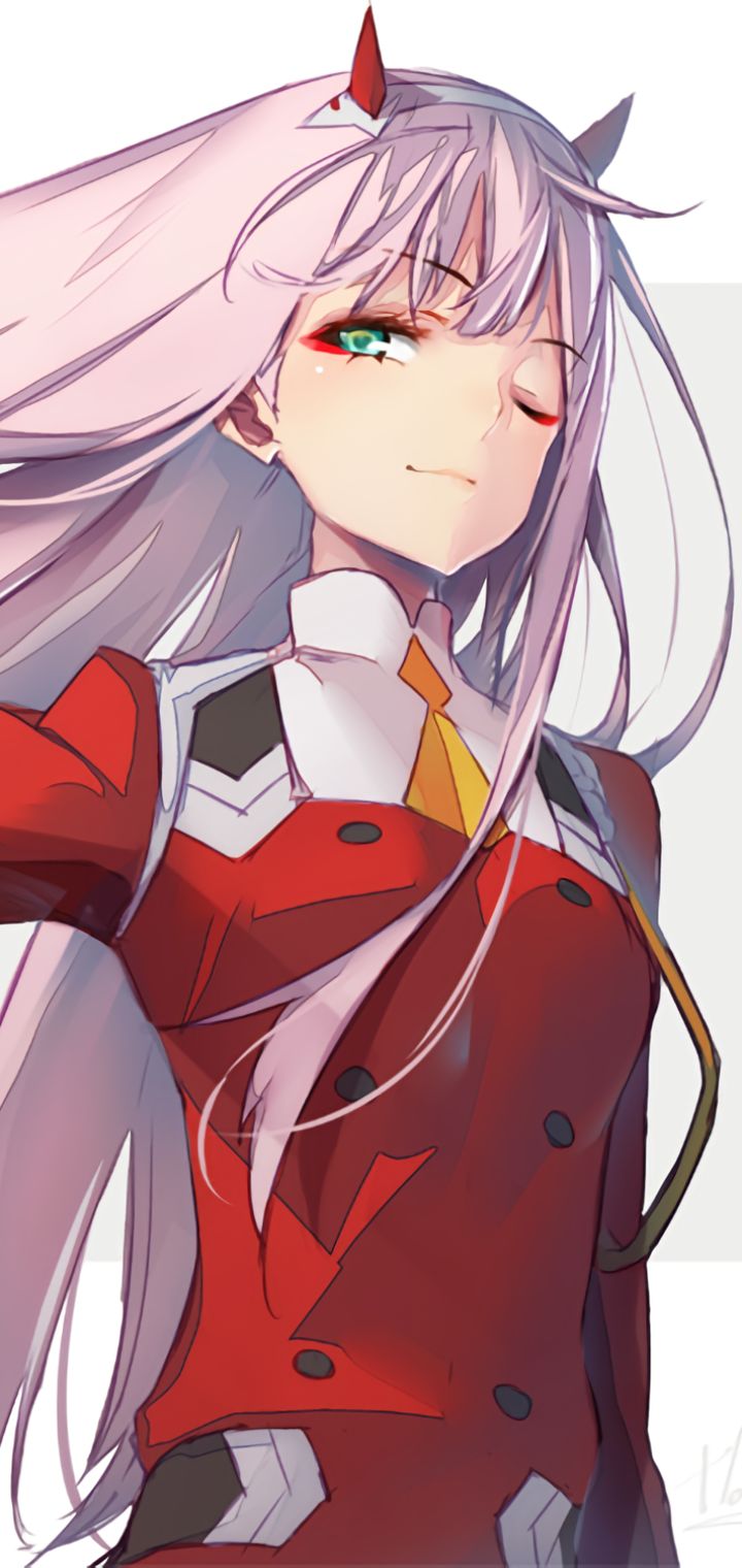 Handy-Wallpaper Hörner, Grüne Augen, Zwinkern, Pinkes Haar, Animes, Lange Haare, Darling In The Franxx, Zero Two (Liebling Im Franxx) kostenlos herunterladen.