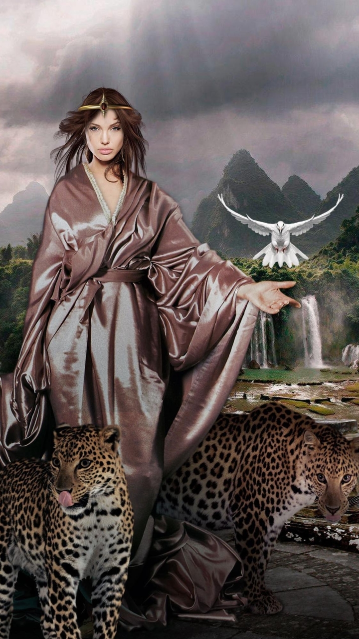 Download mobile wallpaper Fantasy, Jaguar, Bird, Waterfall, Women for free.