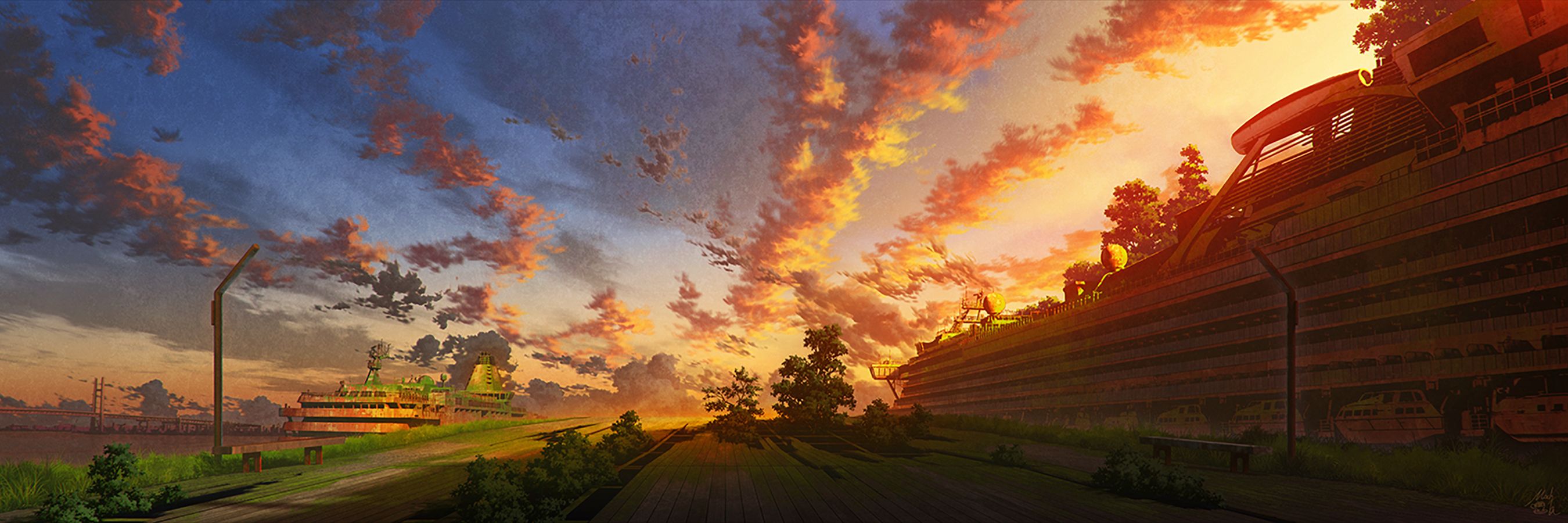 Download mobile wallpaper Anime, Sunset, Sky, Tree, Cloud, Countryside, Original for free.