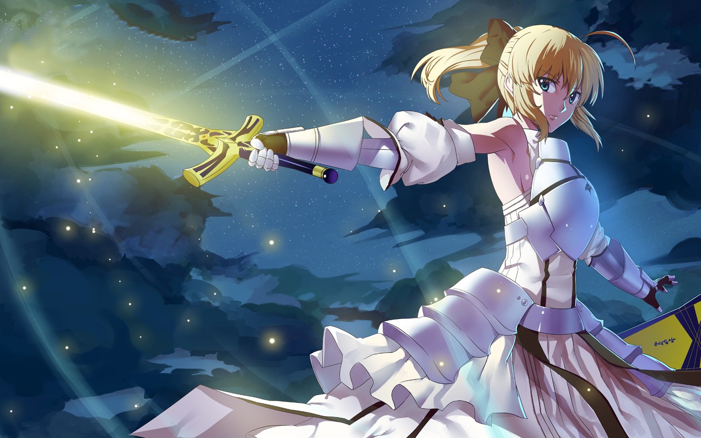 anime, fate/stay night, blonde, excalibur, green eyes, saber lily, short hair, white dress, fate series
