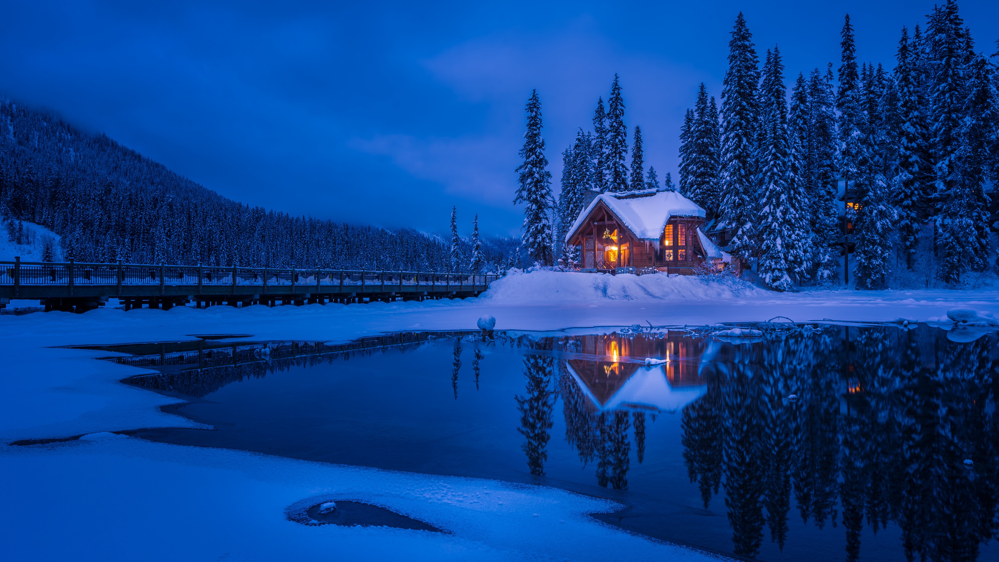 Download mobile wallpaper Winter, Snow, Lake, Reflection, Forest, House, Man Made for free.