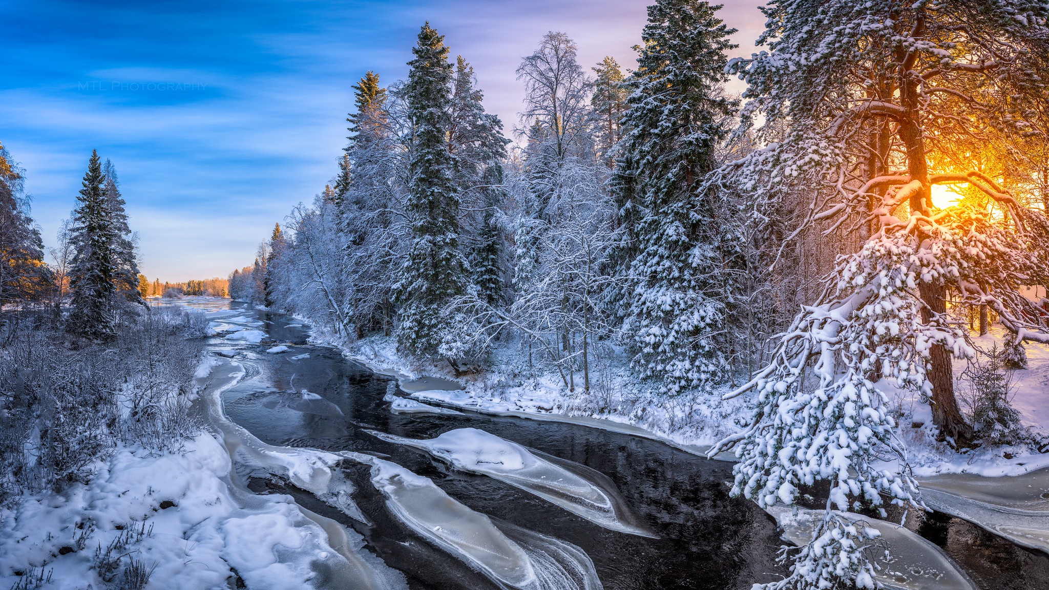 Download mobile wallpaper Winter, Nature, Forest, Earth, River for free.