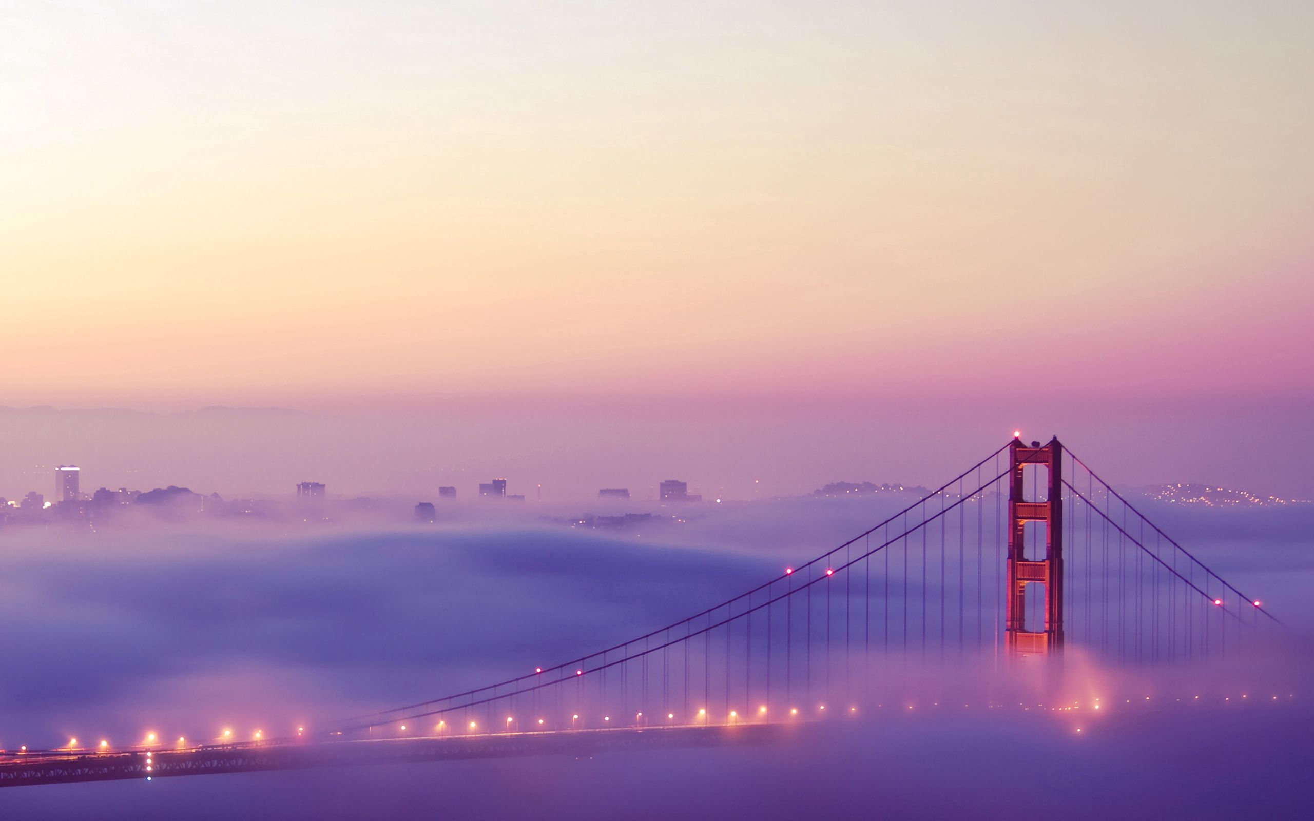 Скачать обои бесплатно Туман, Мост, Огни, Города, Сан Франциско картинка на рабочий стол ПК