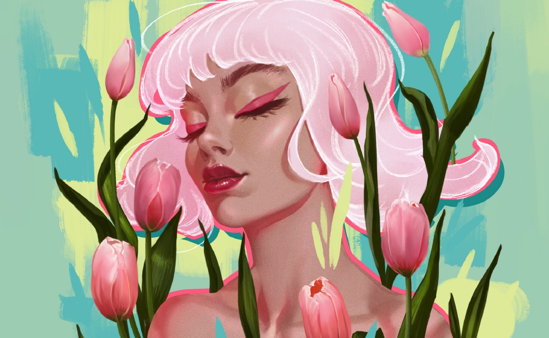 Free download wallpaper Flower, Painting, Artistic, Tulip, Pink Hair on your PC desktop