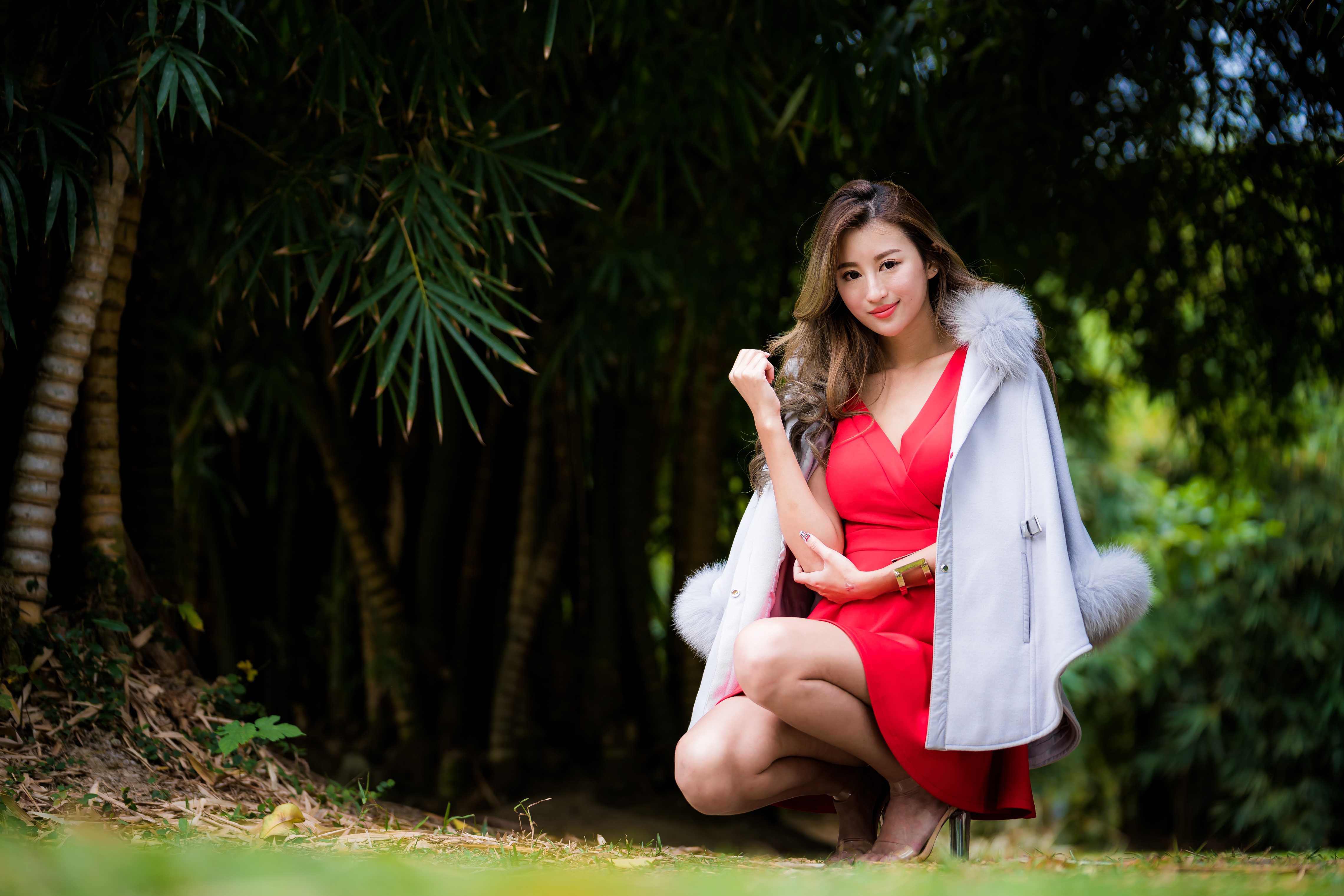 Free download wallpaper Brunette, Model, Women, Asian, Lipstick, Red Dress, Depth Of Field on your PC desktop