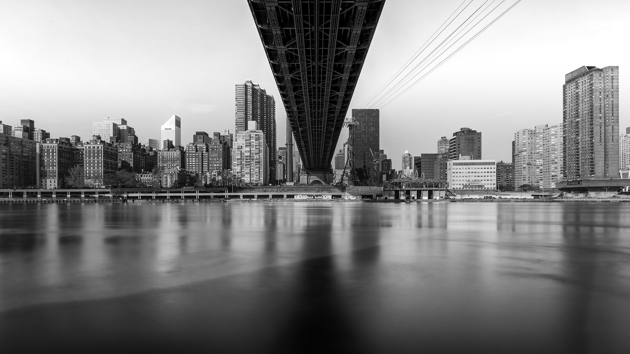 man made, new york, black & white, bridge, building, city, queensboro bridge, river, skyscraper, usa, cities