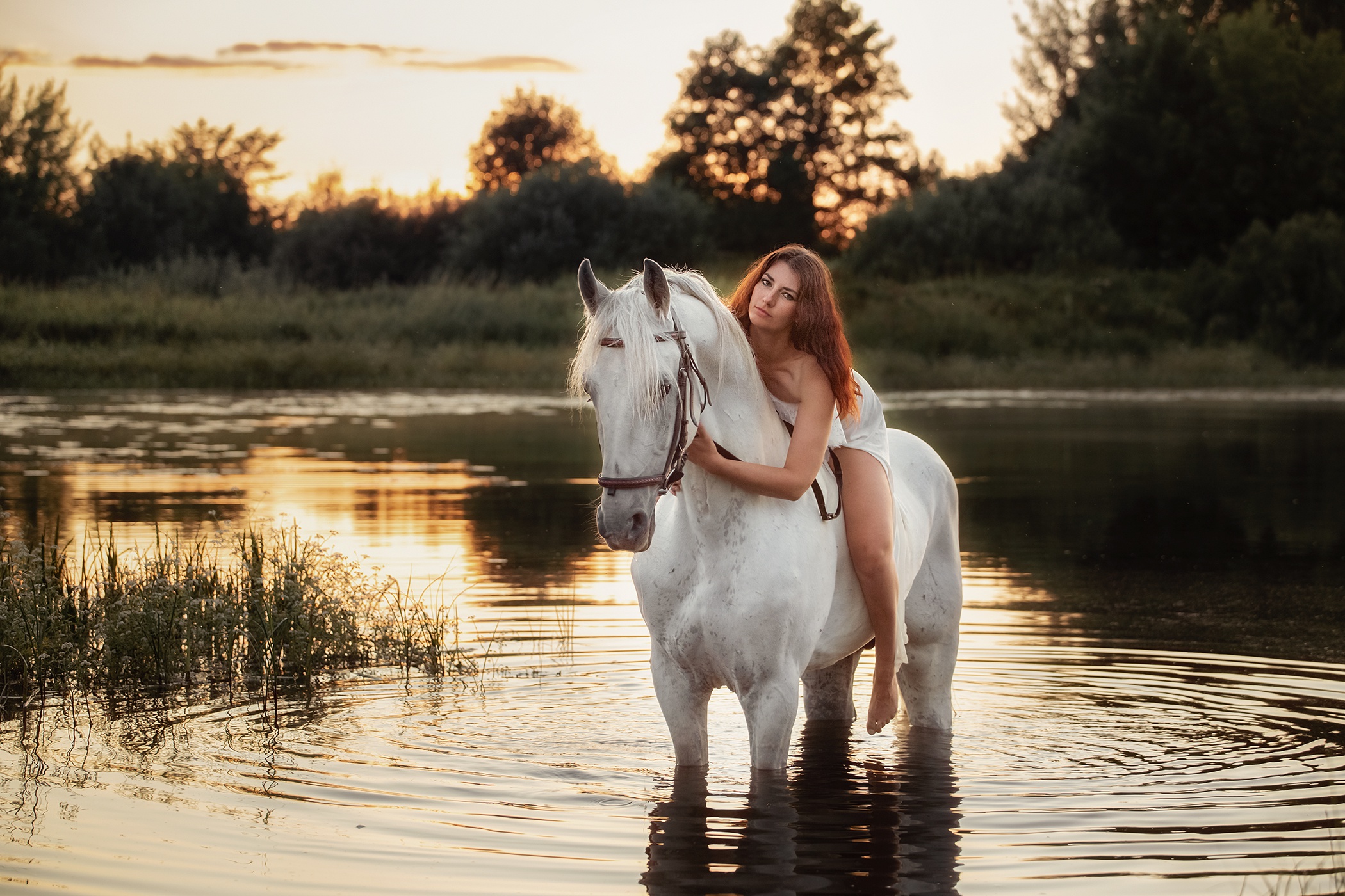 Download mobile wallpaper Mood, Horse, River, Women for free.