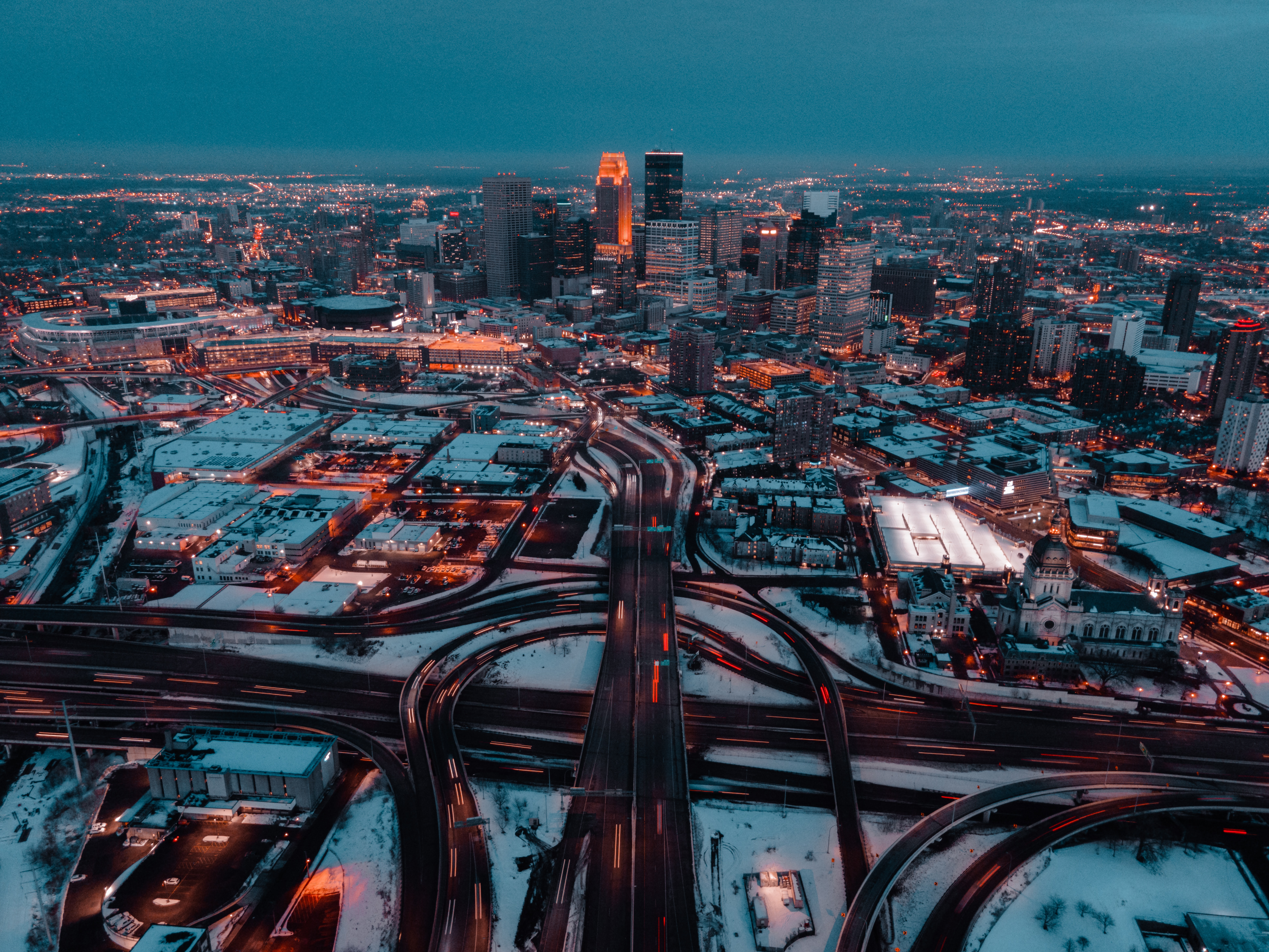 Free download wallpaper Cities, Twilight, Building, Dusk, Roads, Snow, City, View From Above on your PC desktop