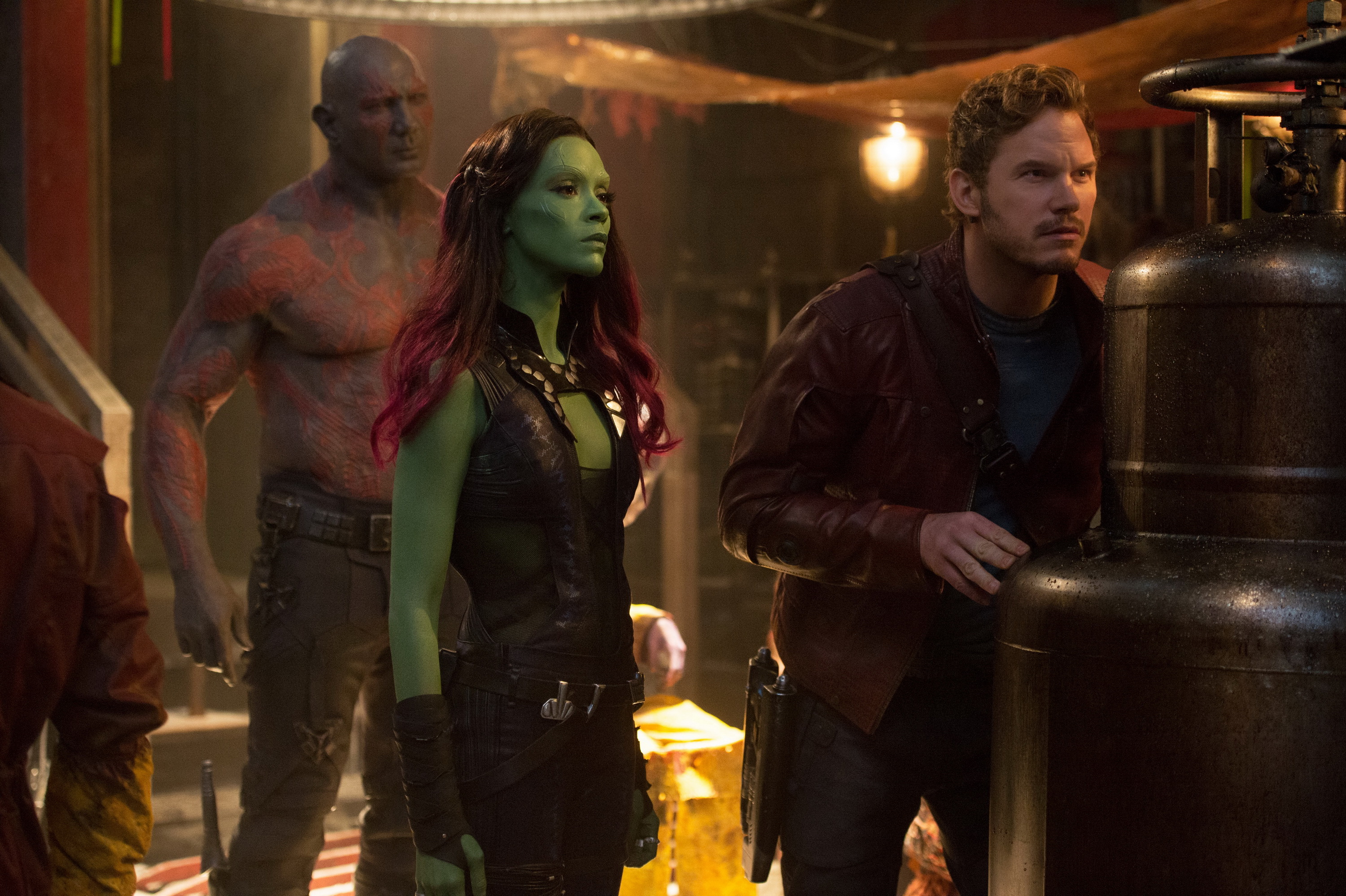 Download mobile wallpaper Movie, Guardians Of The Galaxy, Zoe Saldana, Drax The Destroyer, Gamora, Chris Pratt, Dave Bautista, Peter Quill for free.