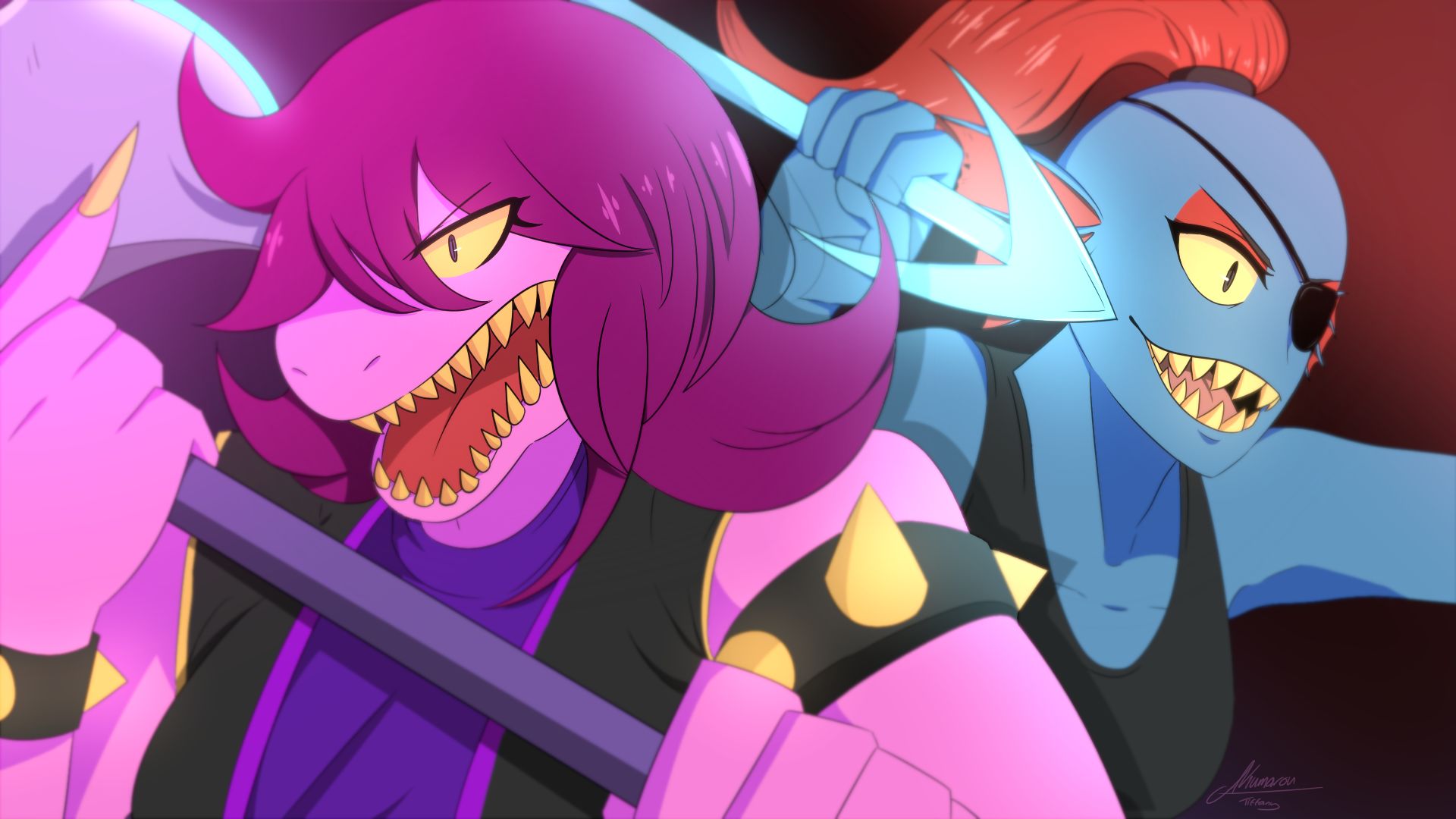 Download mobile wallpaper Crossover, Video Game, Undyne (Undertale), Susie (Deltarune) for free.