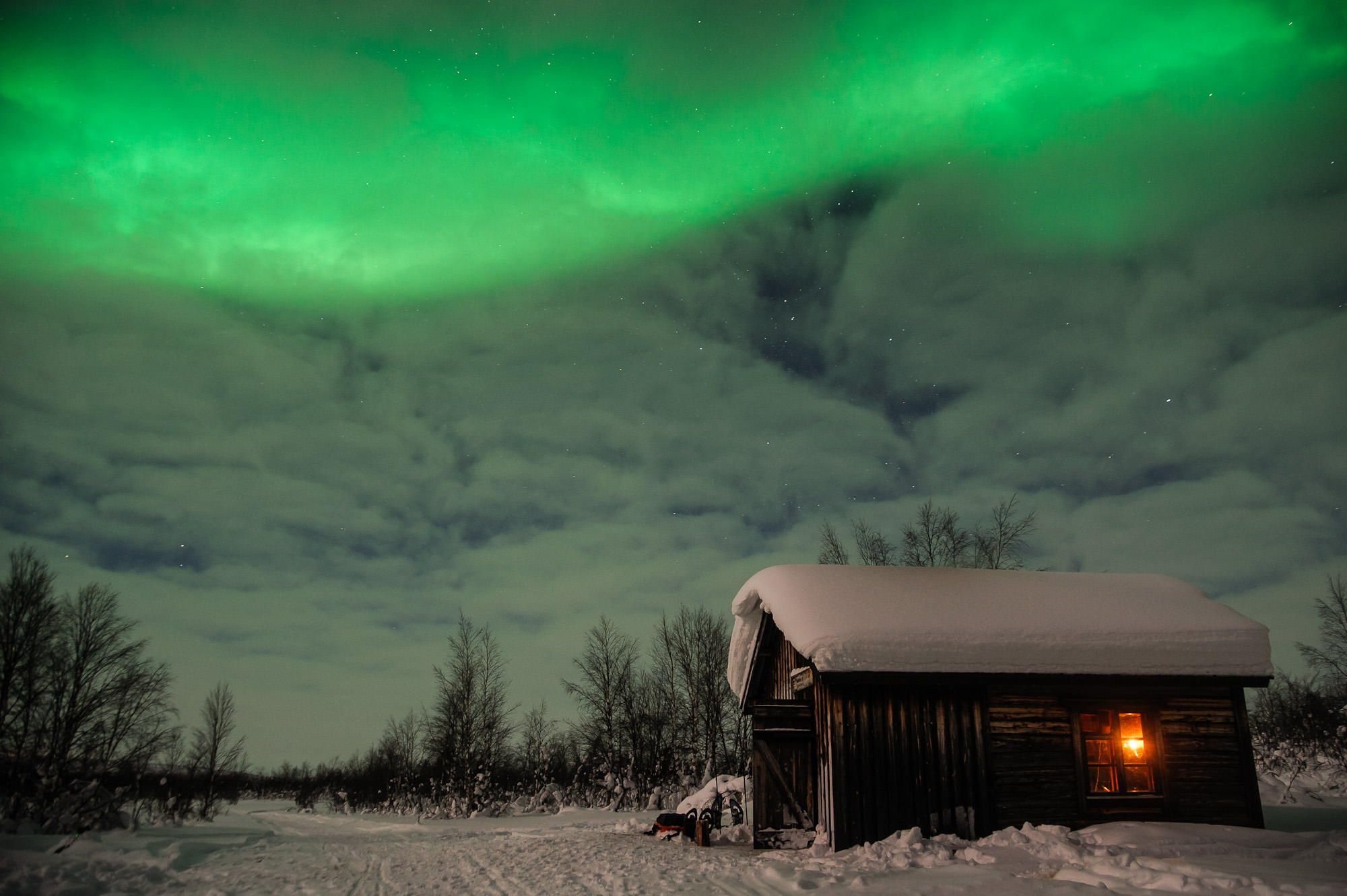 Download mobile wallpaper Winter, Earth, Aurora Borealis, Cabin for free.