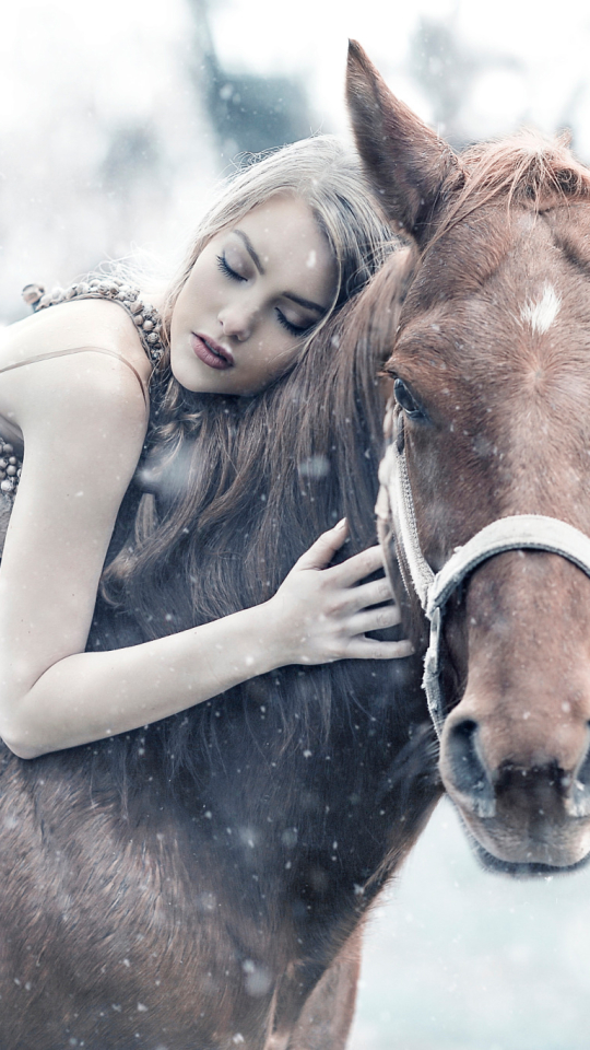 Download mobile wallpaper Mood, Horse, Blonde, Model, Women, Snowfall, White Dress for free.