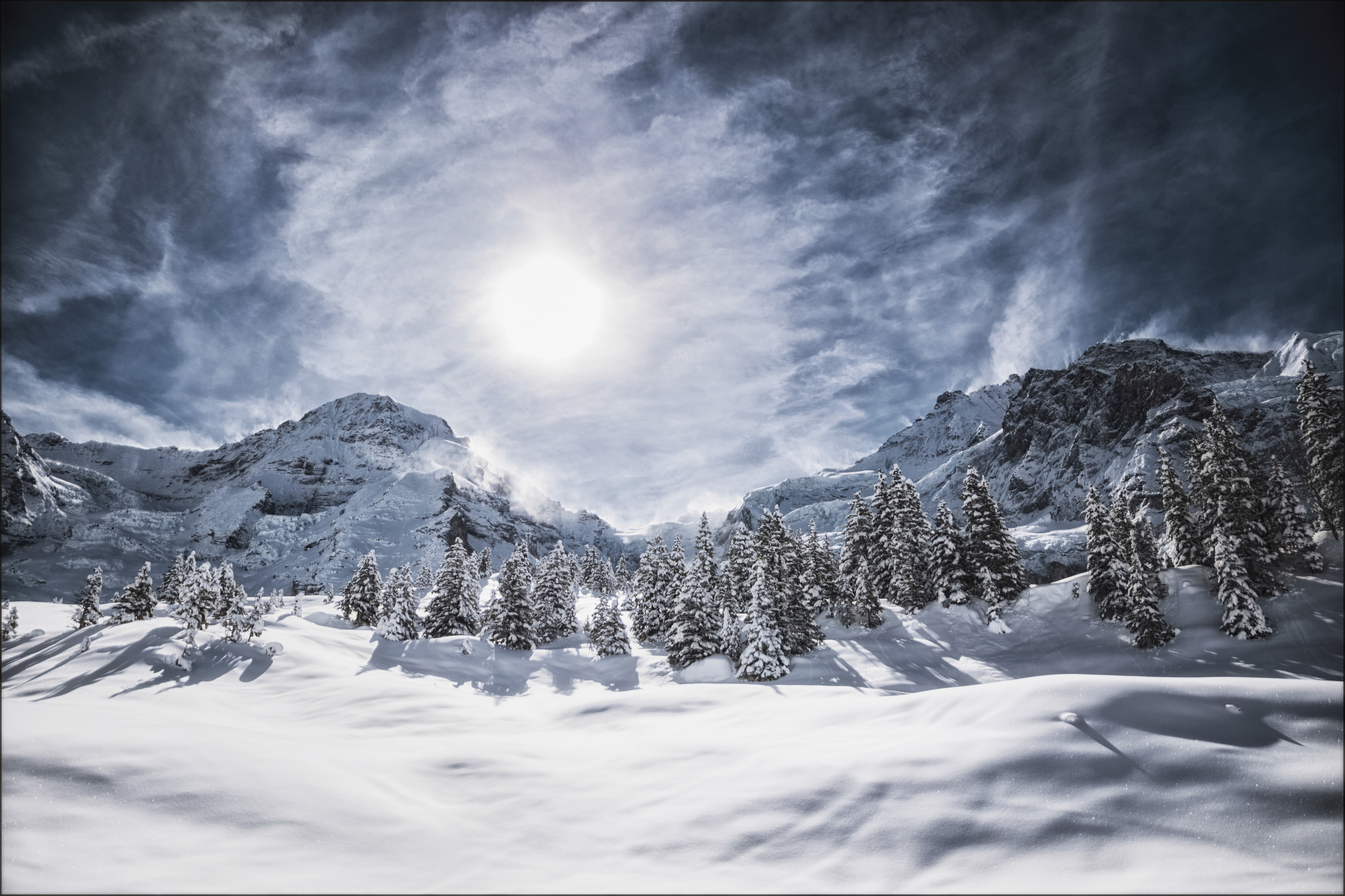 Download mobile wallpaper Winter, Sky, Snow, Mountain, Forest, Alps, Earth for free.