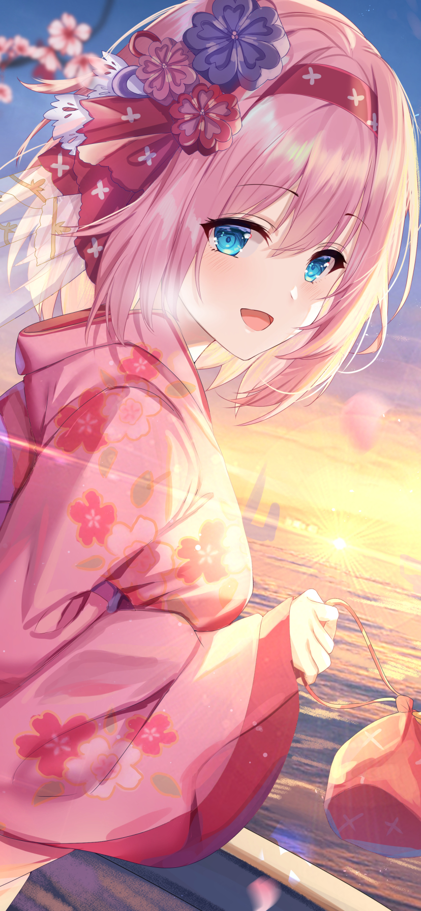 Download mobile wallpaper Anime, Water, Sunset, Kimono, Pink Hair, Short Hair, Aqua Eyes, Japanese Clothes, Princess Connect! Re:dive, Yui Kusano for free.