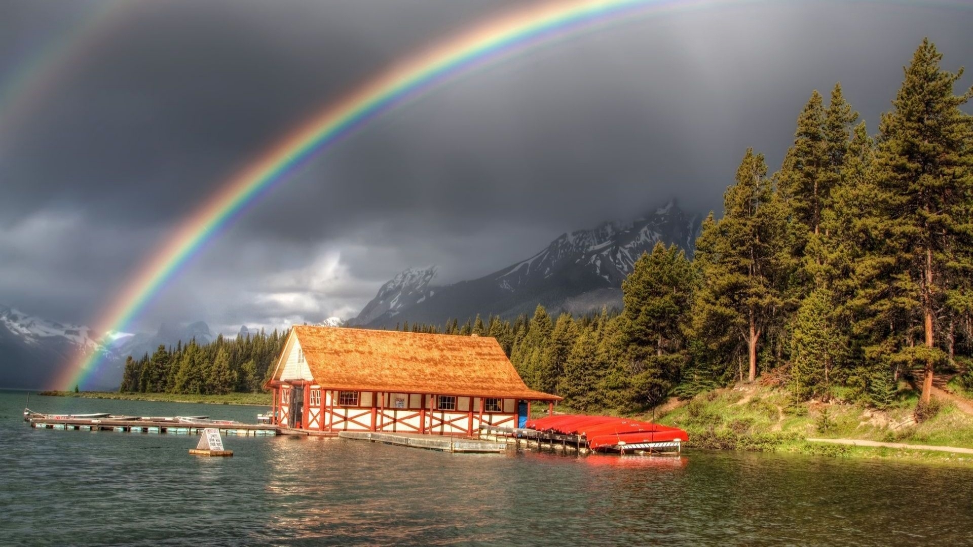 Download mobile wallpaper Nature, Water, Rainbow, Mountain, Lake, Forest, House, Earth, Storm for free.
