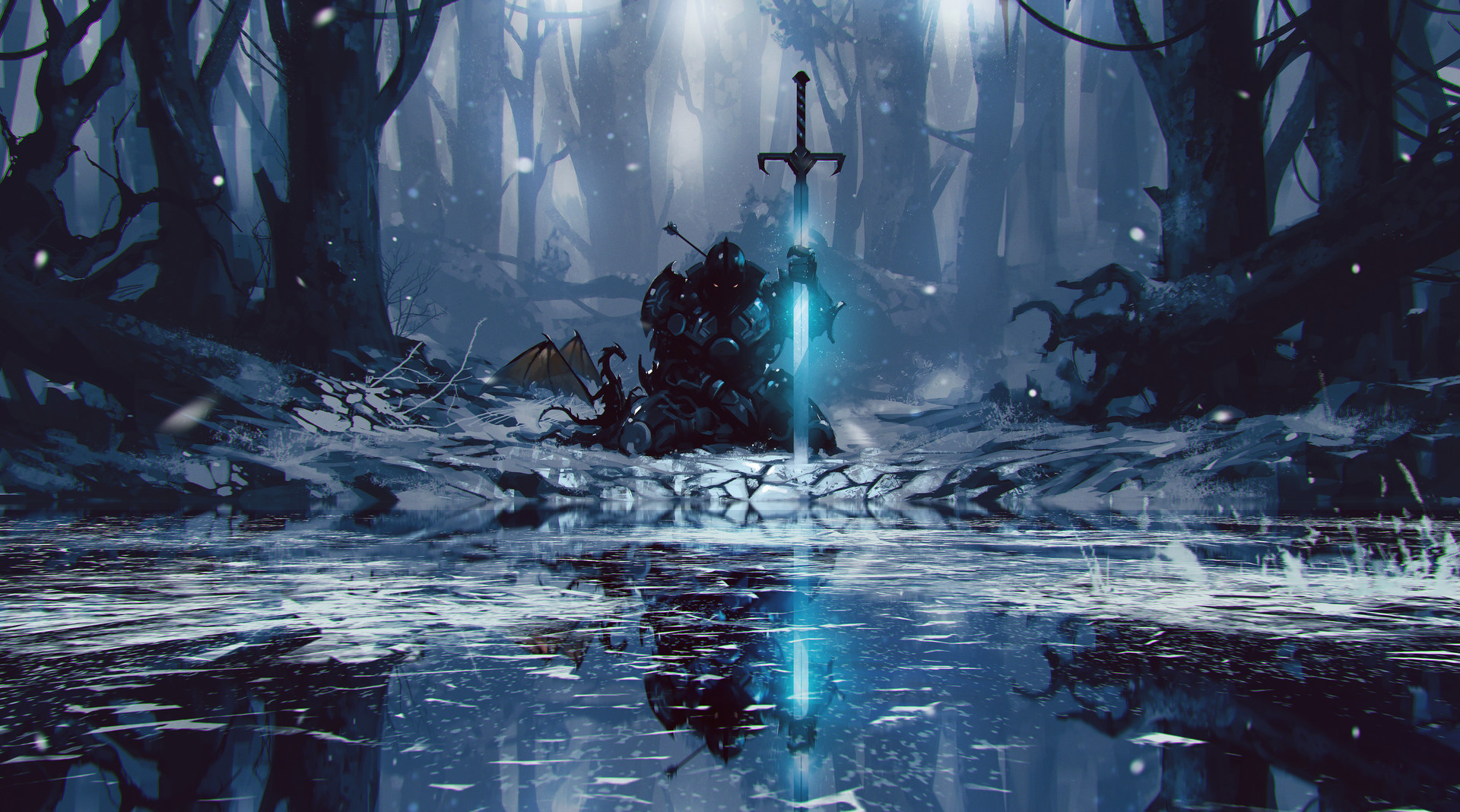 Free download wallpaper Fantasy, Lake, Reflection, Forest, Dragon, Warrior, Frozen, Knight, Sword on your PC desktop