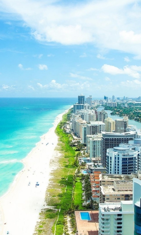 Download mobile wallpaper Cities, Beach, City, Horizon, Coast, Ocean, Miami, Coastline, Man Made for free.