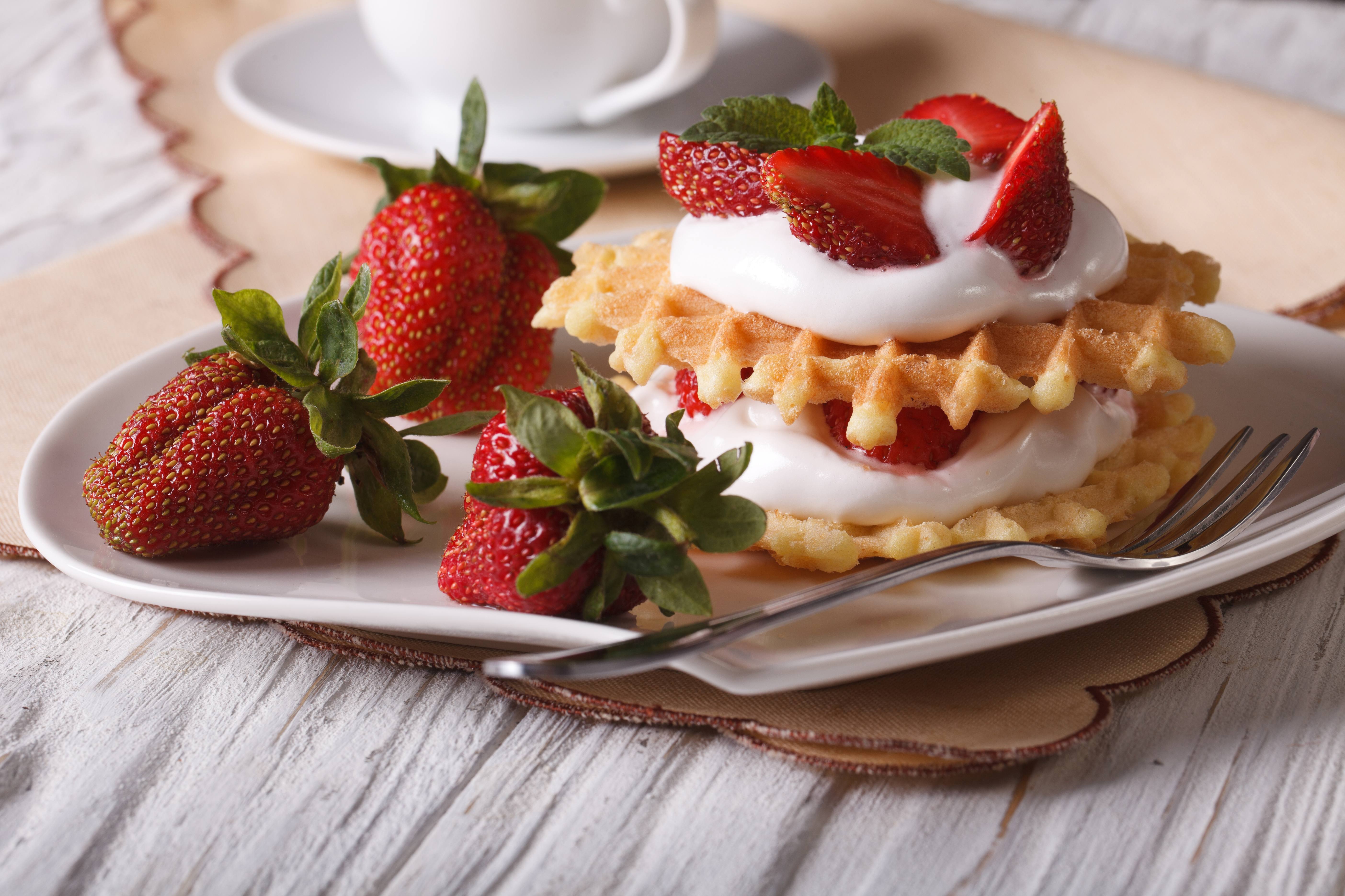 Download mobile wallpaper Food, Strawberry, Cream, Waffle, Breakfast for free.