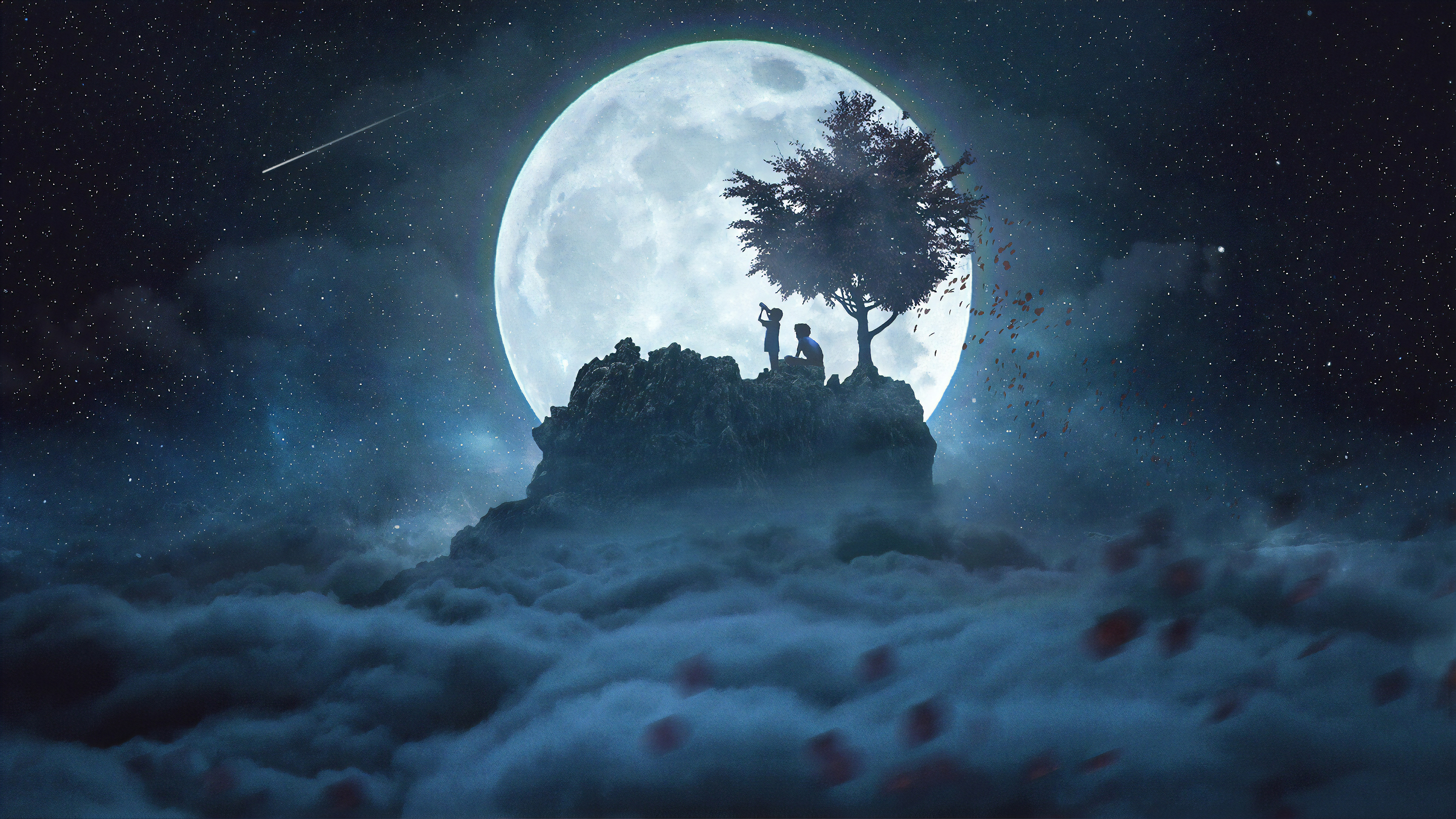Download mobile wallpaper Fantasy, Night, Moon, Tree, Child for free.
