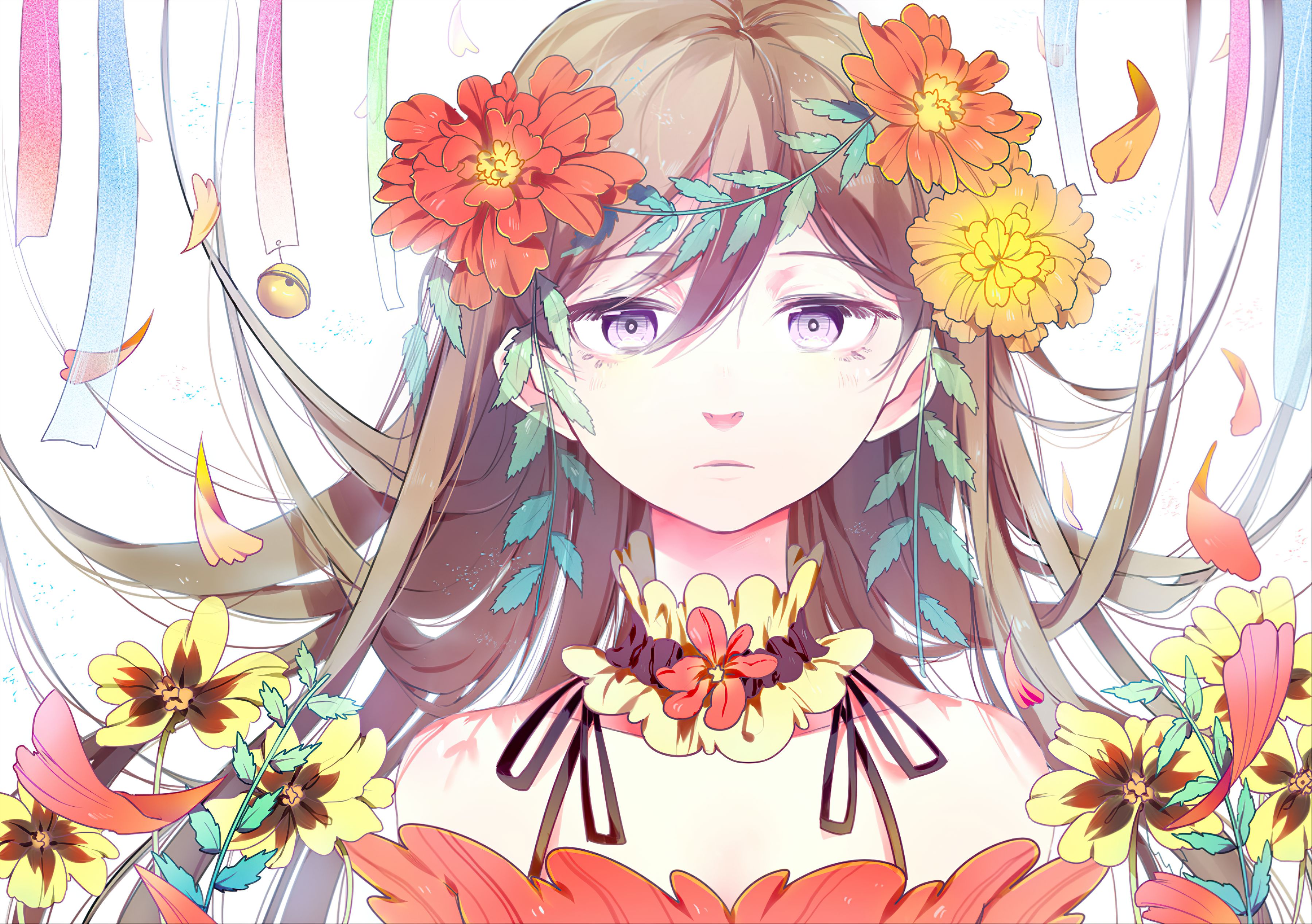 Download mobile wallpaper Anime, Flower, Original, Long Hair, Brown Hair, Purple Eyes for free.