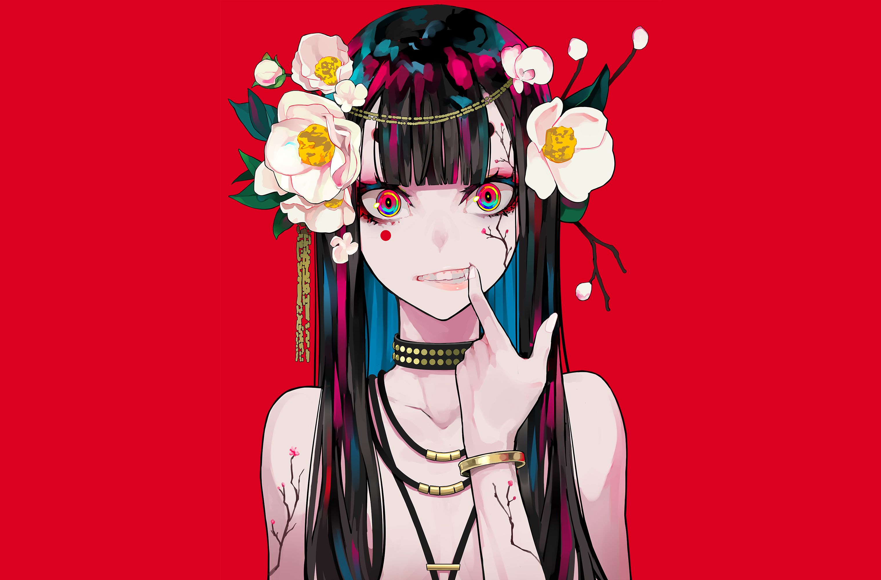 Download mobile wallpaper Anime, Flower, Girl, Tattoo, Black Hair, Long Hair for free.