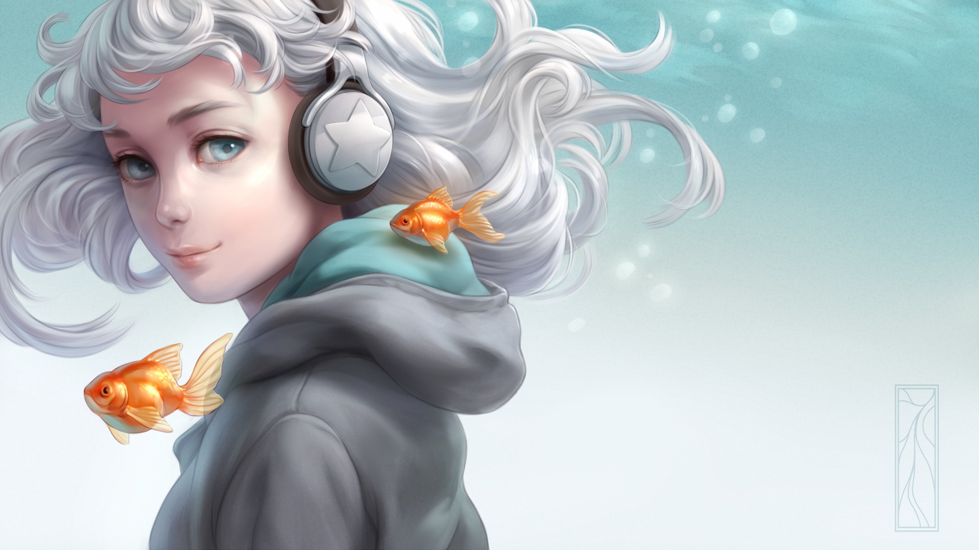 Free download wallpaper Anime, Headphones, Fish, Underwater, Original, White Hair, Aqua Eyes on your PC desktop