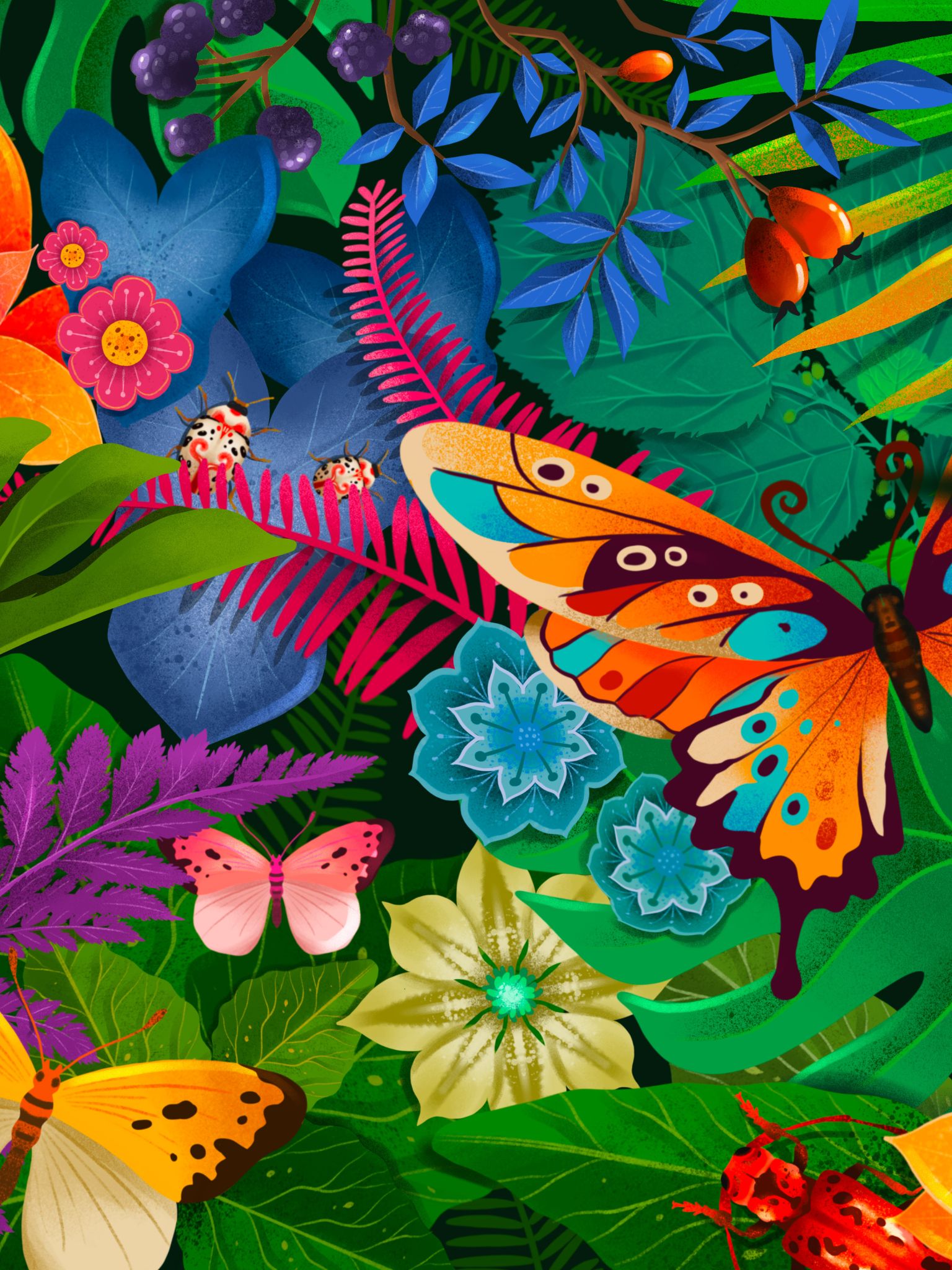 Descarga gratuita de fondo de pantalla para móvil de Flor, Hoja, Insecto, Mariposa, Fruta, Artístico, Selva.