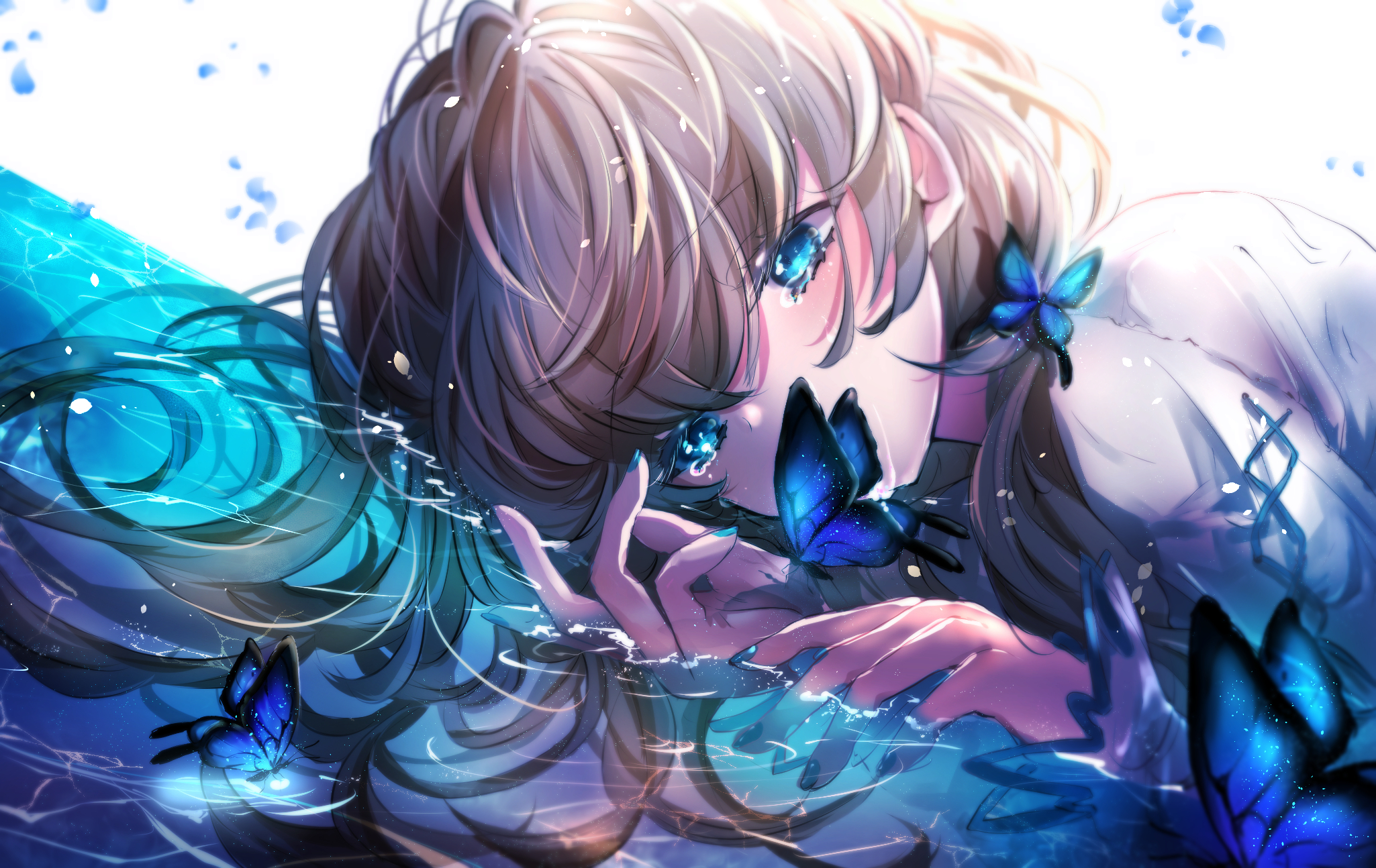 Laden Sie das Schmetterlinge, Wasser, Blaue Augen, Original, Animes-Bild kostenlos auf Ihren PC-Desktop herunter